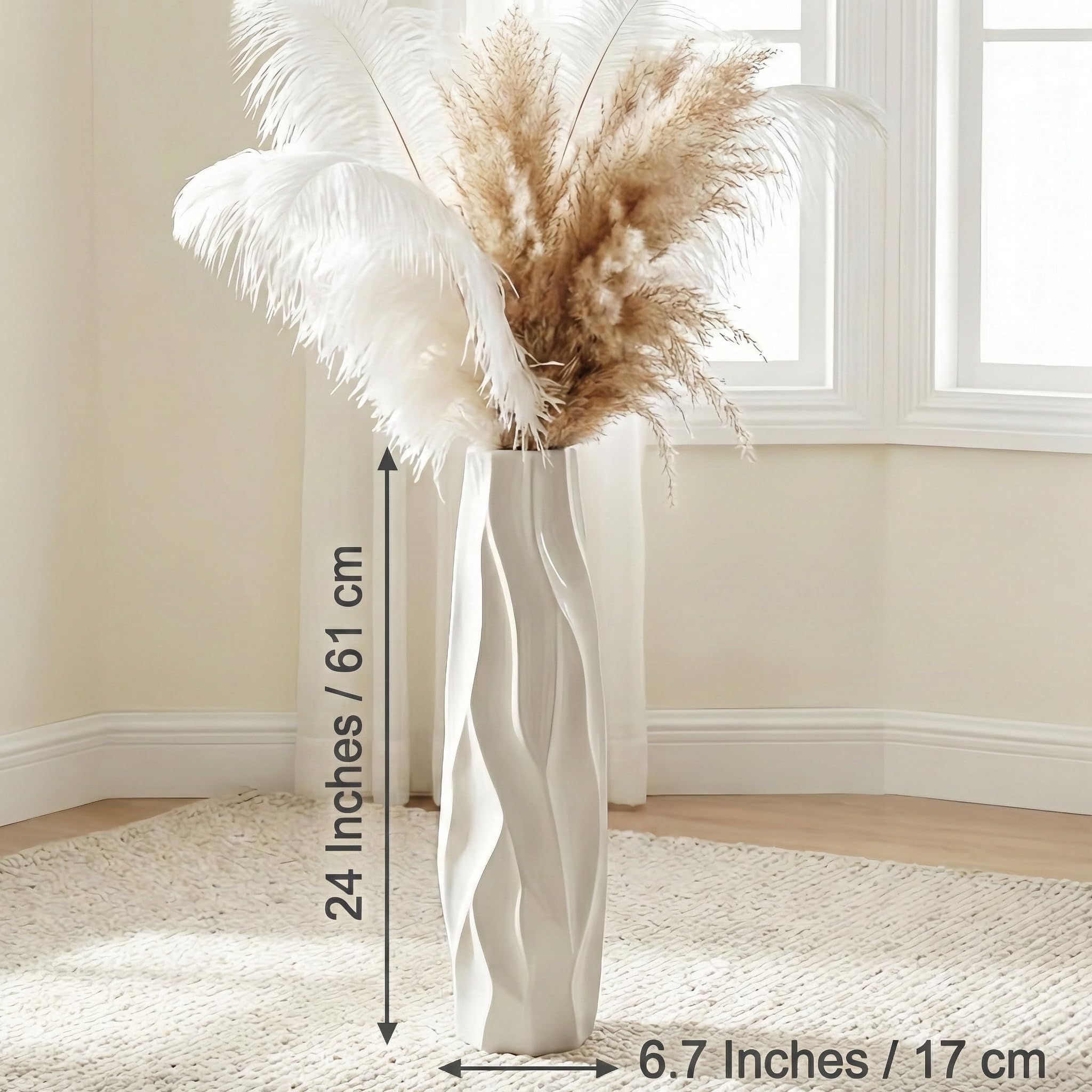Weiße Keramik Vase 24 Inches/60 cm Tall Floor Flower Vase Halter Dekorative Große Vasen für Tisch Centerpieces Regal Home Decor Getrocknete Wohnzimmer Blumen Arrangement Einfache