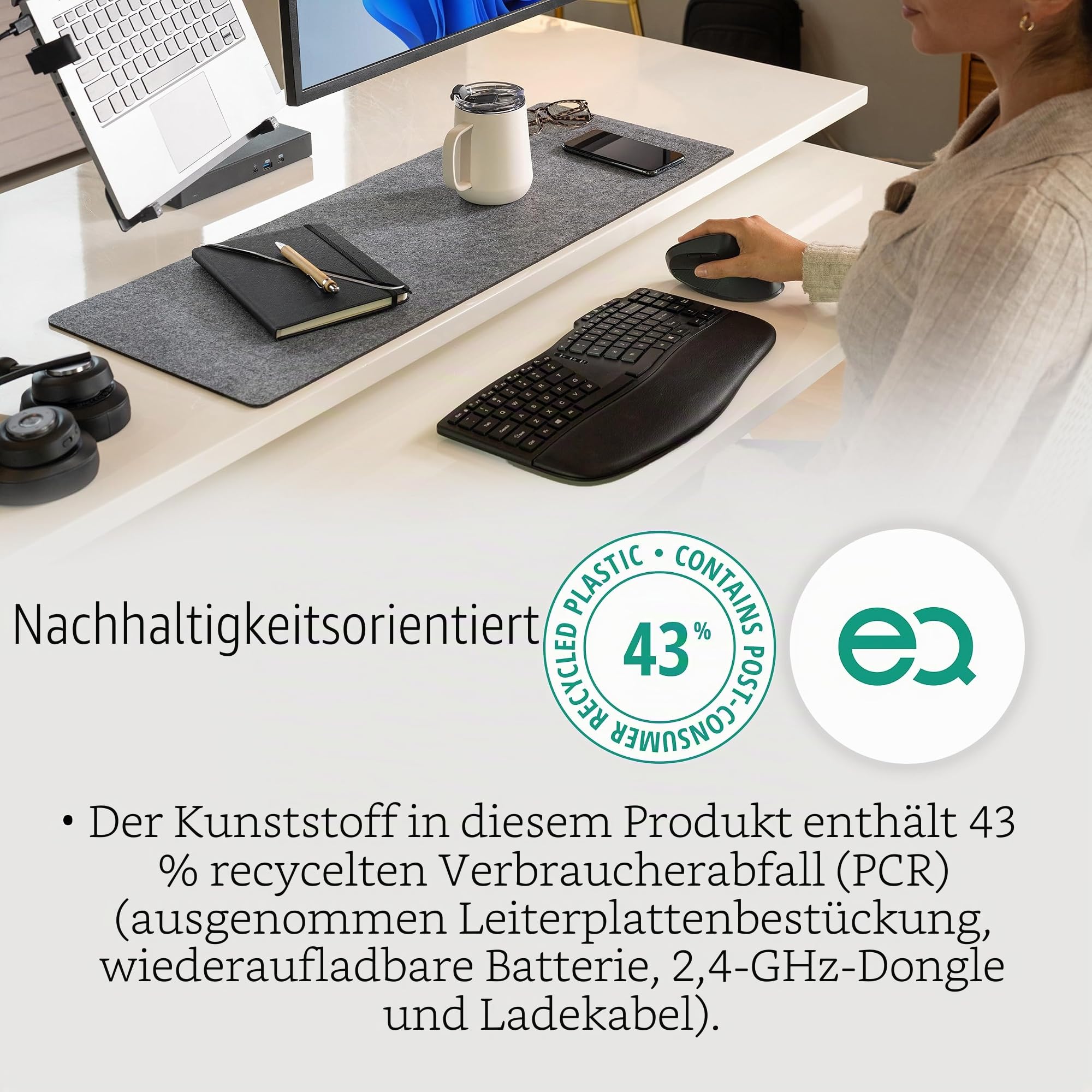 Kensington Pro Fit Ergo KB675 EQ Kabellose Tastatur, wiederaufladbar, Bluetooth-Tastatur, 2,4 GHz, AZERTY, kompatibel mit Windows & MacOS, enthält 43% recycelte Materialien nach dem Verbrauch