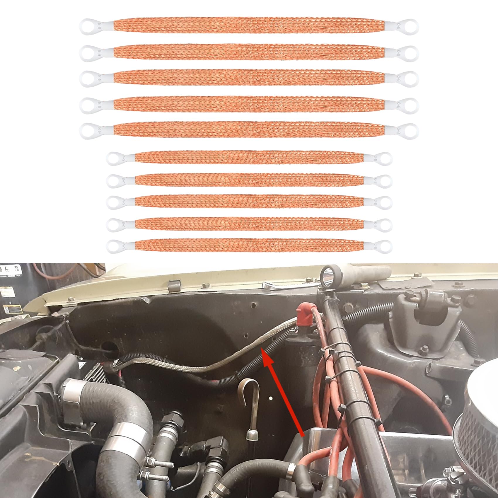 10PCS Automotive Ground Strap, Car Grounding Wire Kit, 10/12 inch Professional Vehicle Grounding Cable Straps with Terminal Plugs, Universal Flat Braided Copper Ground Strap for Most Cars