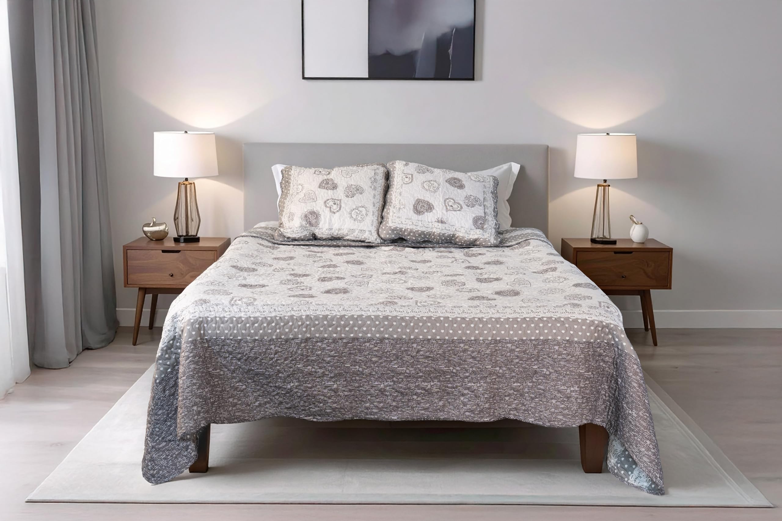 Frenchy Gris 230x250 cm avec 2 Taies d'oreiller 65x65 cm, Couvre-lit Matelassé 2 Personnes, Dessus de lit Coeur