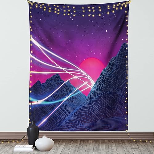 Ambesonne Synthwave Tapestry, Abstract Lines on Checkered Mountains and Cosmic Retro Sun Stars, Wall Hanging for Bedroom Living Room Dorm Decor, 60"