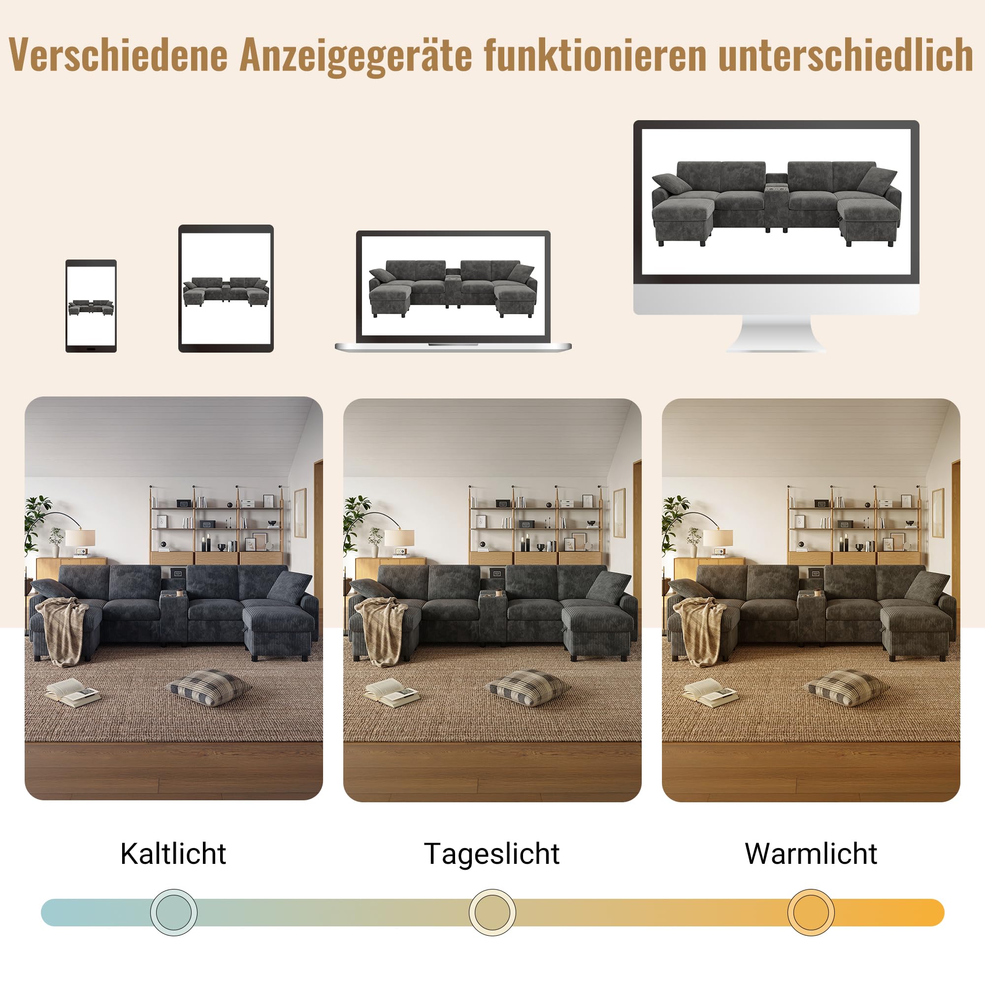 Sofá modular en U, sofá moderno de 4 plazas con puerto USB, reposabrazos central con 1 mesa y 2 portavasos, sofá multifuncional con 2 reposapiés de almacenamiento móviles, tejido acanalado, gris