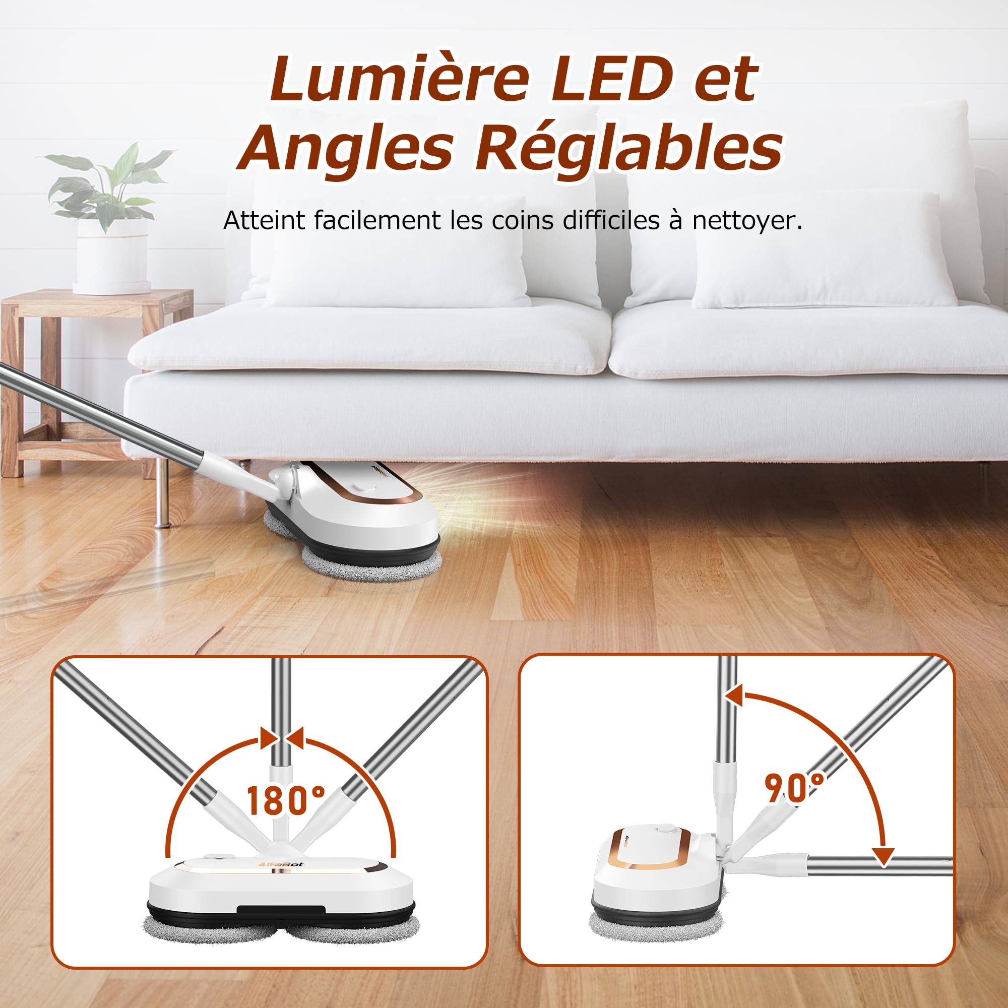 AlfaBot S2 Balai Électrique Sans Fil | Grand Réservoir 400mL | Autonomie 60 Min | Nettoyeur de Sol avec LED et Pulvérisateur | Pour Parquet & Carrelage | Balai Rotatif Léger 1,7kg