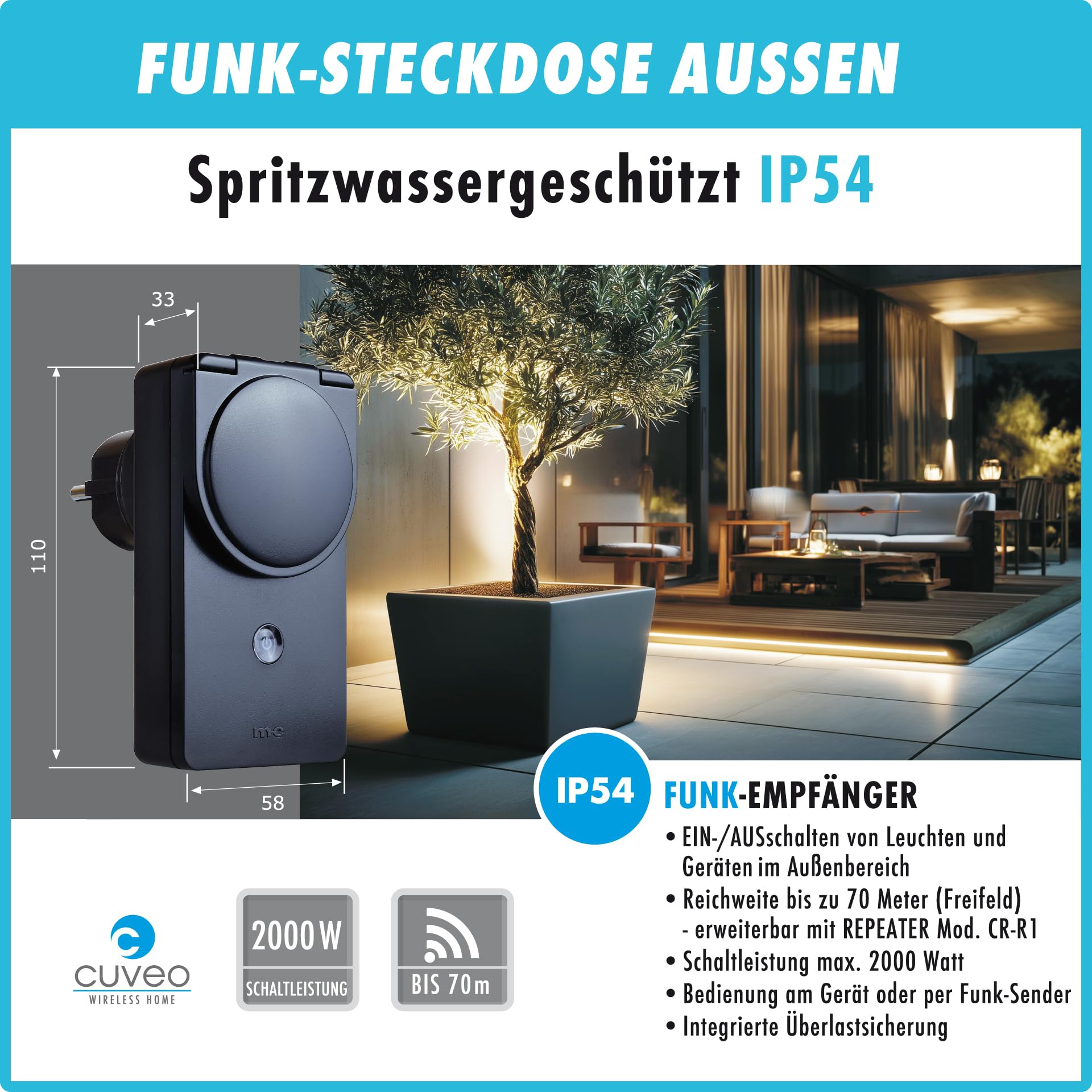 m-e Starterset-8-W Cuveo Funk-Steckdose Bewegungsmelder Set für Außen - Funk-Bewegungsmelder mit Steckdose, IP54 wetterfest, 50m Reichweite, 2000W Schaltleistung, 120° Erfassung, Farbe Weiß