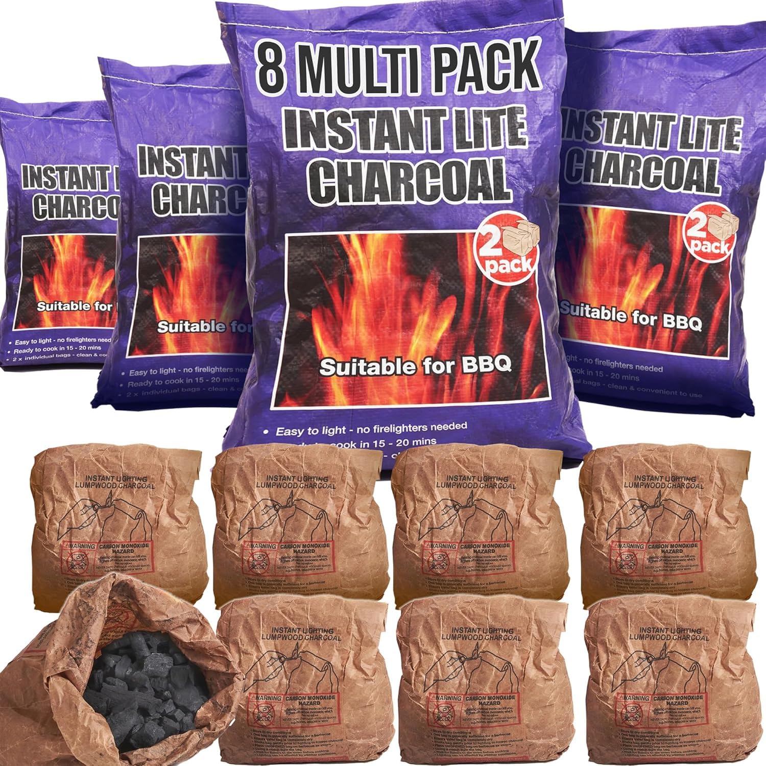 8 x 1.25kg Bags (10kg) Premium Instant Light BBQ Charcoal, Bags of Instant Barbecue Lumpwood Charcoal (4x Twin Packs)