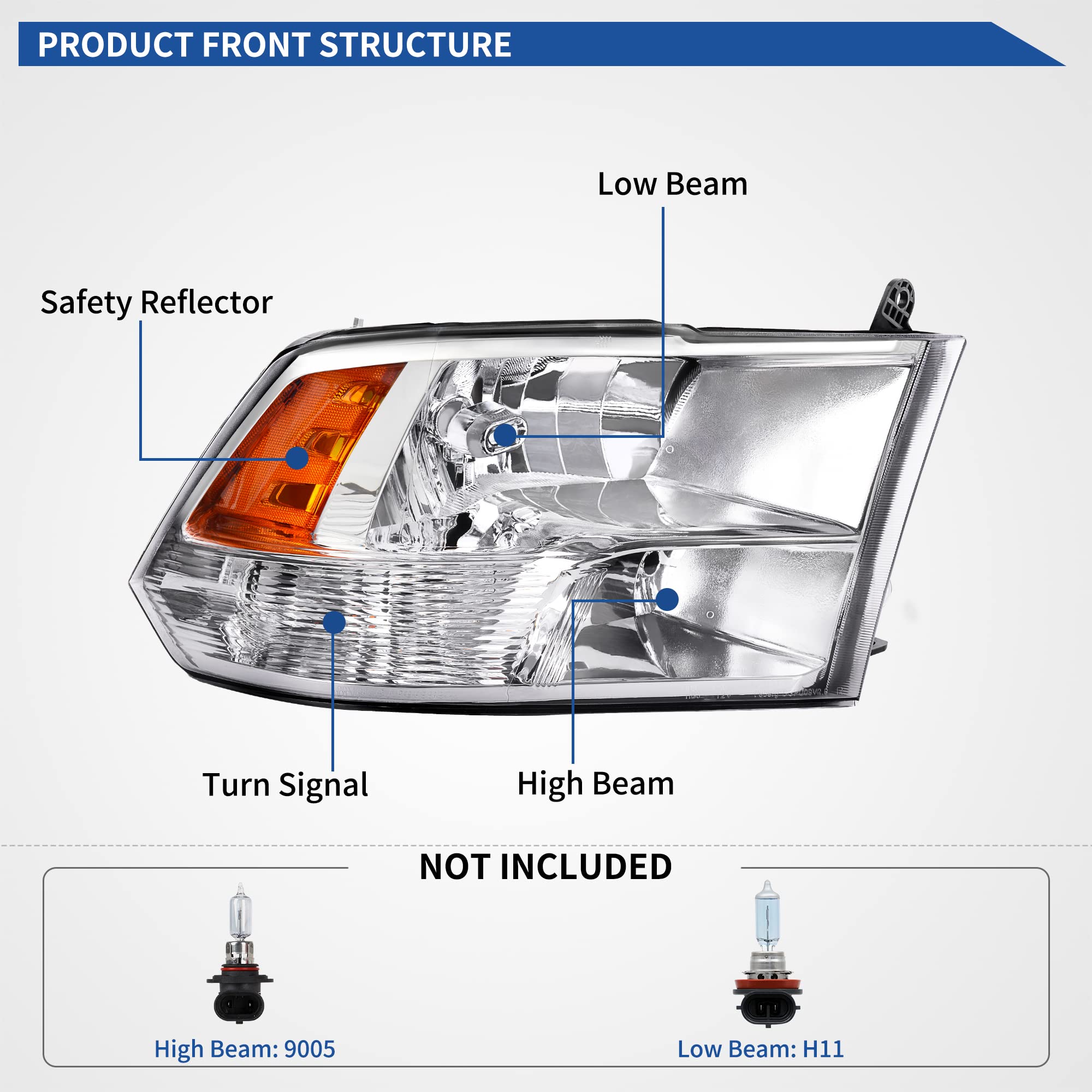 oEdRo Headlights Assembly Compatible with 2009-2018 Dodge Ram 1500/2010-2018 Dodge Ram 2500 3500/2019-2022 Ram 1500 Classic Headlamp Chrome Housing Clear Lens Amber Reflector