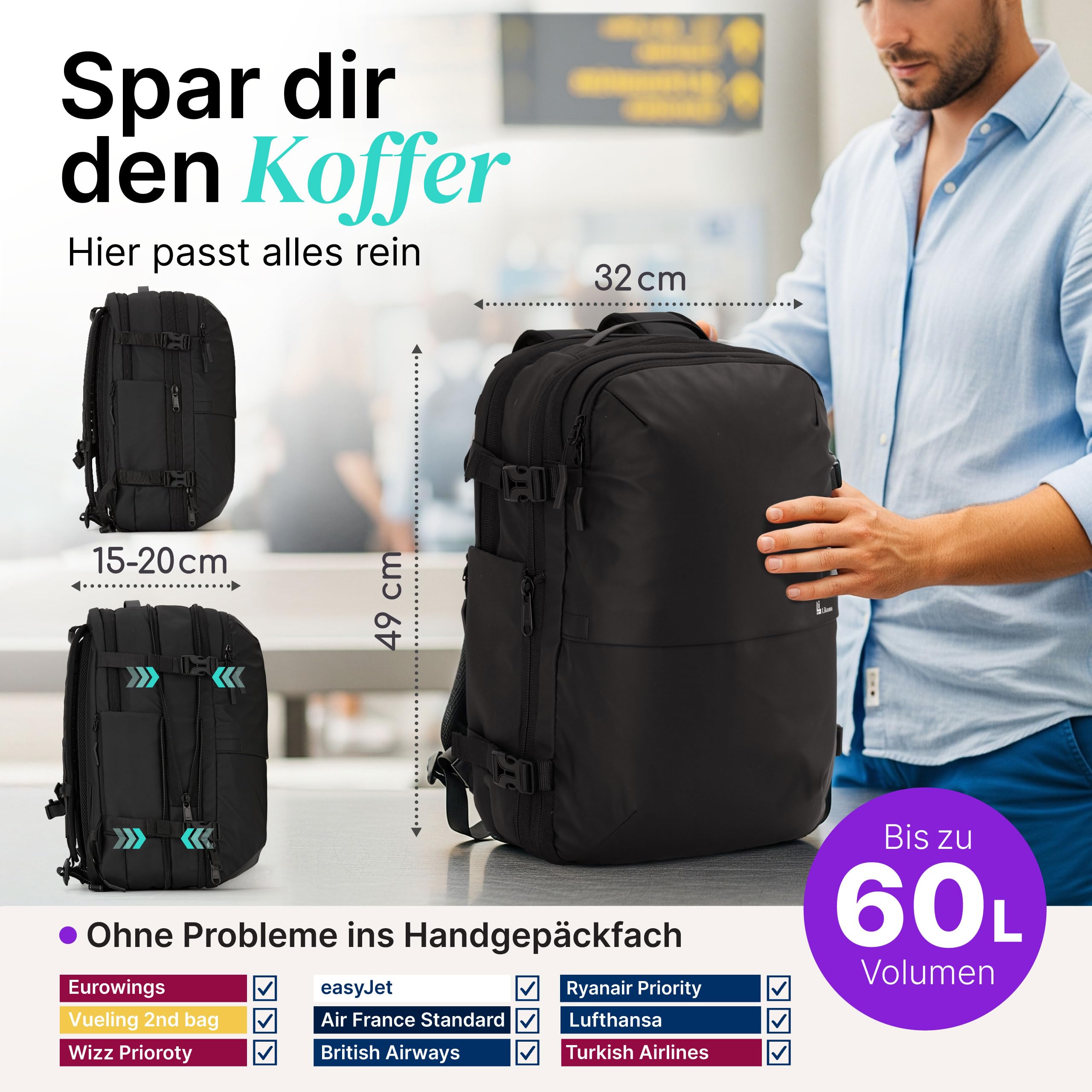 Vakuum Rucksack 25–60 L mit integrierter USB-C Pumpe – Kompressions-Reiserucksack Handgepäck, erweiterbar & wasserdicht mit Nassfach, Laptopfach 17 Zoll, TSA Schloss, Business und Reisen schwarz