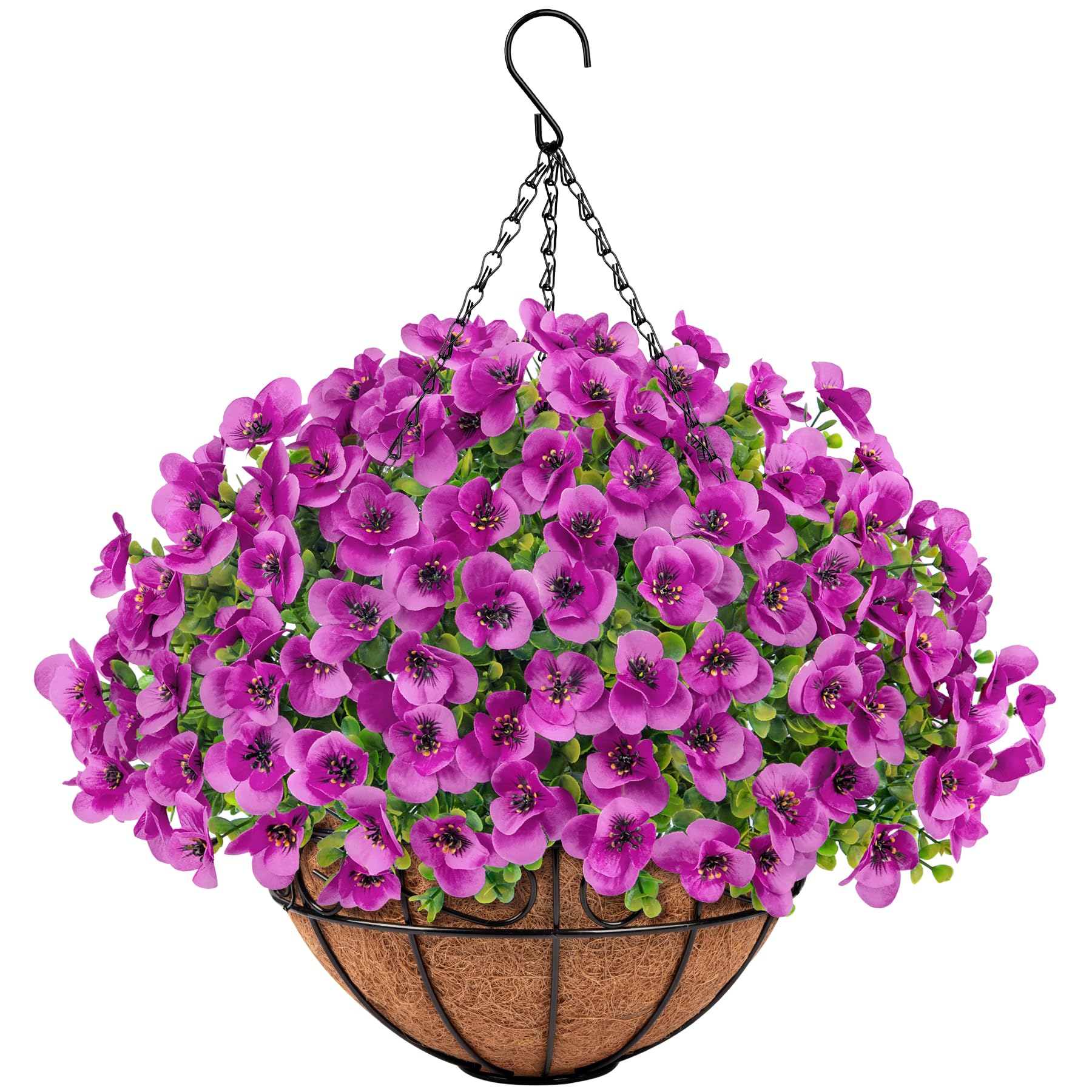 Besteek Artificial Hanging Flowers with Baskets for Outdoors, Fake Silk Pansy Flowers UV Resistant Faux Hanging Plants for Front Porch Patio Yard Home