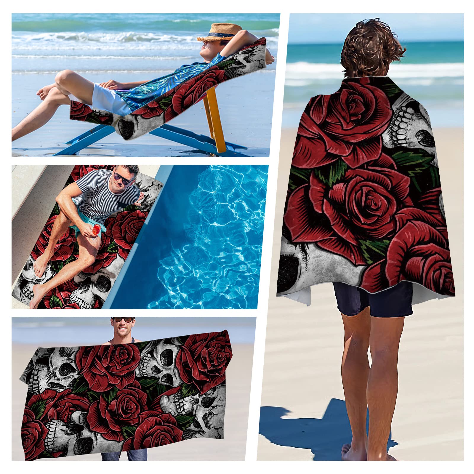 LXTOPN Skull, telo mare in microfibra, per donna, asciugamano da bagno grande, 80 x 160 cm, telo mare con teschio e rosa, asciugamano da bagno con teschio nero