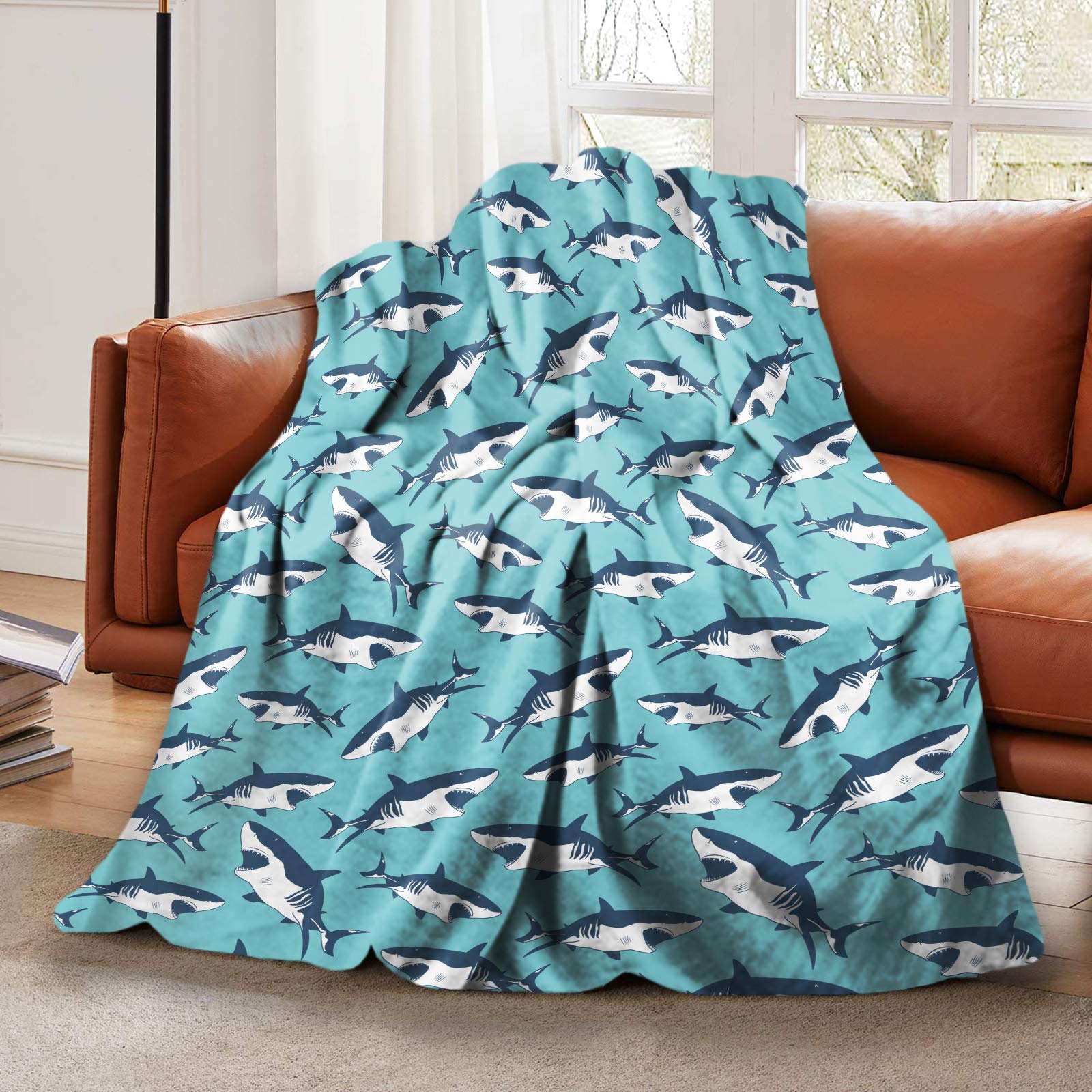 LELEMATESoft Flannel Throw Blanket for Women Men Blue Sea Sharks Warm Fleece Blanket Kids Adults Nap Blanket Lightweight Fuzzy Couch Bed Blanket 80"X60" for All Season Use