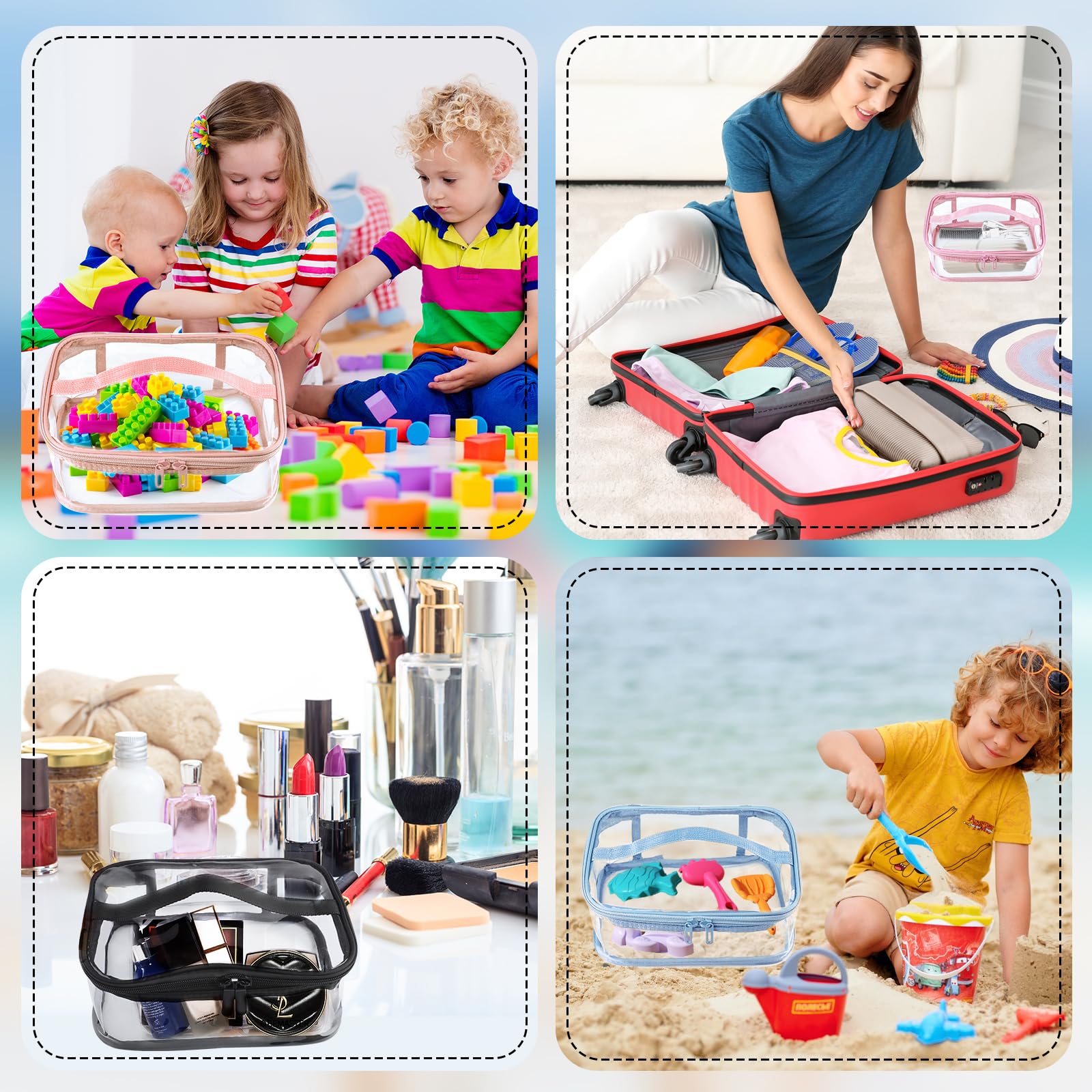 6 bolsas pequeñas de almacenamiento de PVC para juguetes, bolsa de maquillaje transparente impermeable, bolsa de almacenamiento de viaje transparente con asa, bolsas organizadoras con cremallera para