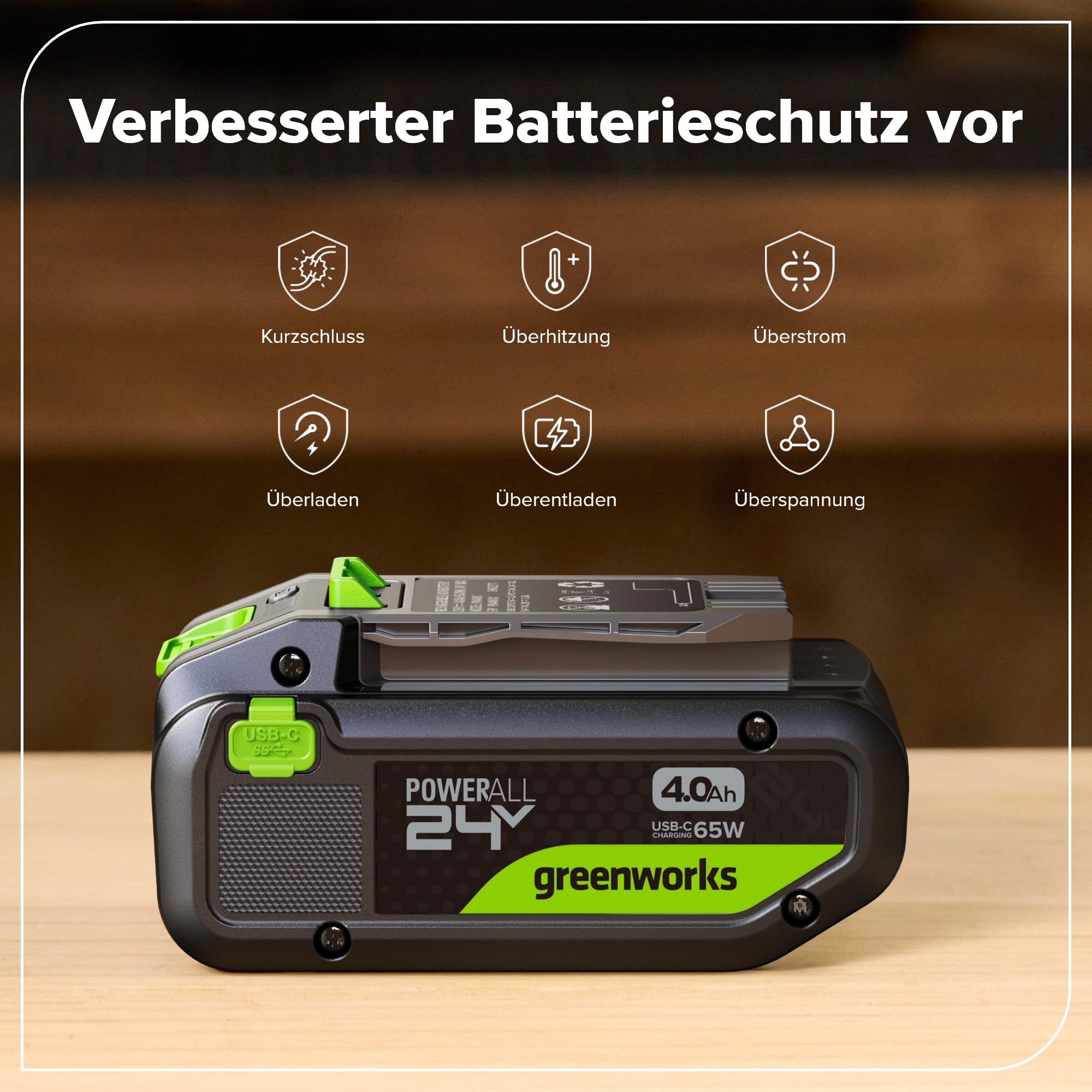 Greenworks 24 V 4 Ah bateria ricaricabile USB-C & caricabile USB-C da 65 W & cavo da 100 W, bateria kompatybilna z Con Tutti GLI oltre 200 dispositivi Greenworks da 24 V, 2 anni di garanzia - K2S2BEA