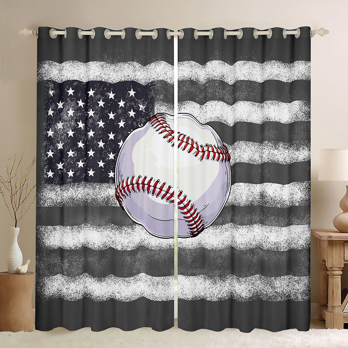 Baseball Vorhänge 245x140cm Amerikanisch Flagge Gardinen Softball Gaming Sport Vorhänge Blickdicht Sport Motiv Thermovorhang Hitzeschutz 2er Set