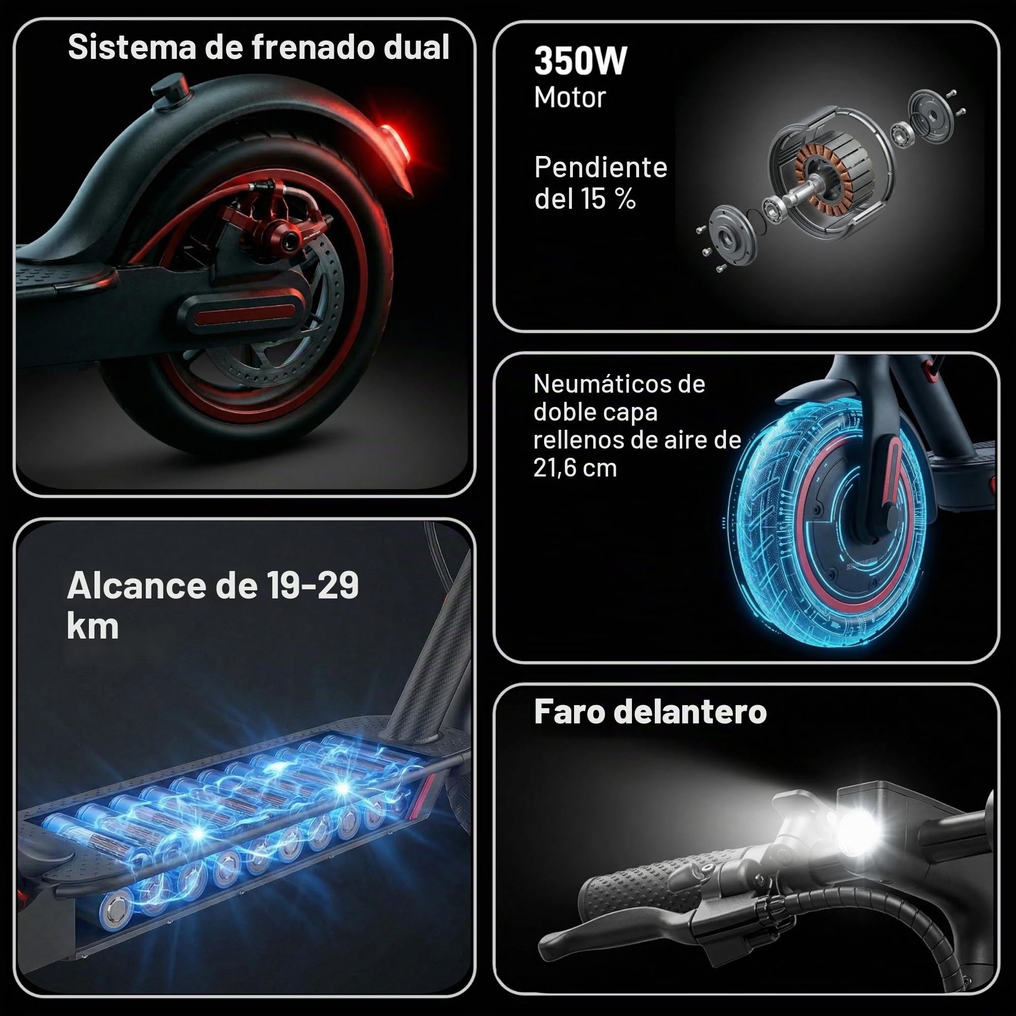 Patinete eléctrico, patinete eléctrico plegable para adultos, rango de 12/18 millas, neumático de 8.5 pulgadas, control de aplicación, doble frenado