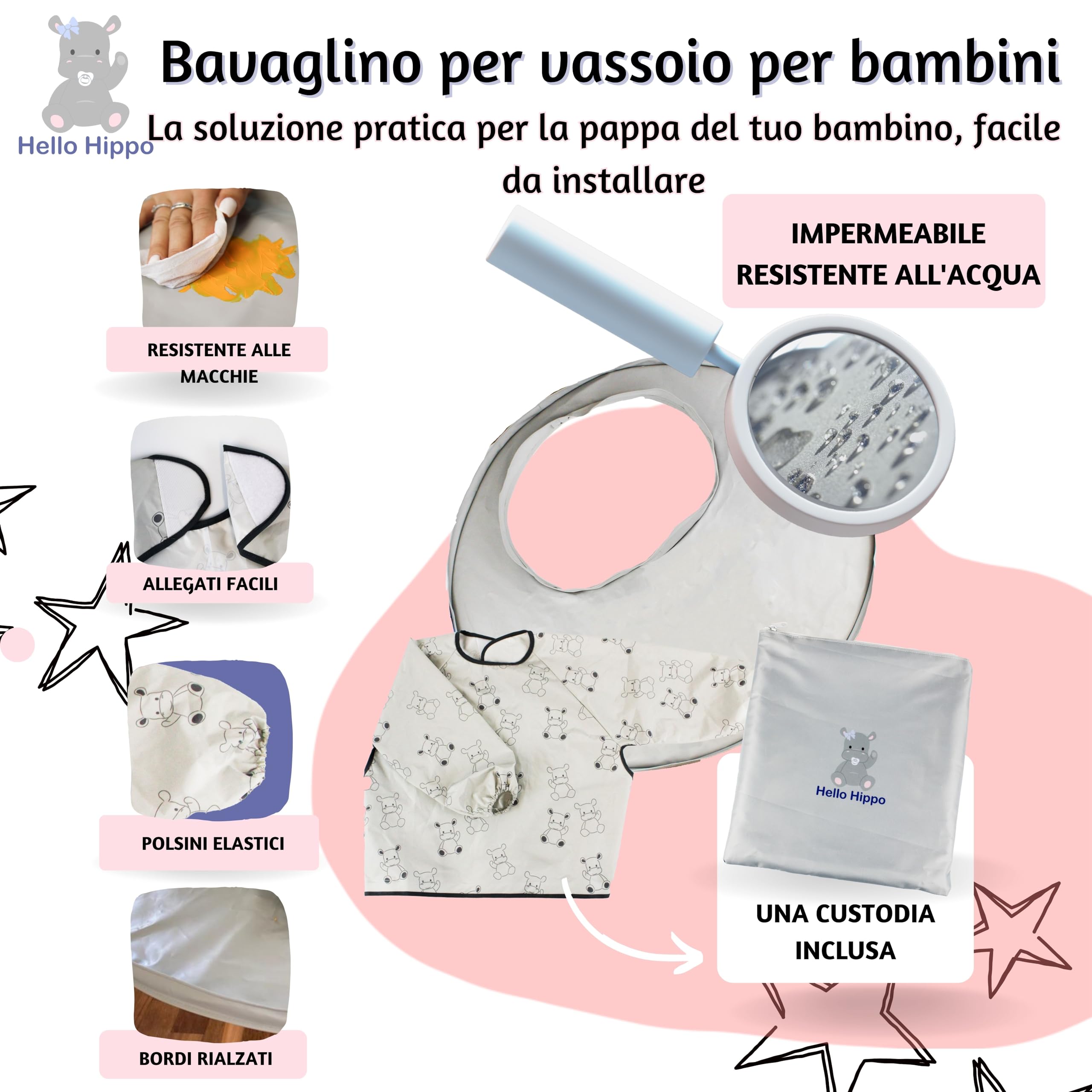 Hello Hippo® Kit 2 bavaglini impermeabili con vassoio didattico grigio per seggiolone – Vassoio con ventosa – Maniche lunghe per pappa, pittura e attività creative