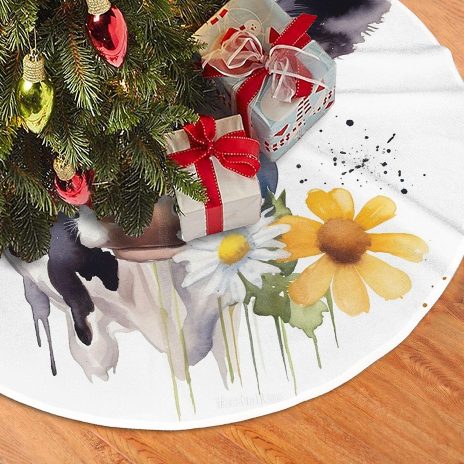 Fodpand Black Watercolor Cow And Daisy Flower Christmas Tree Skirt 48" Velvet Xmas Tree Skirt Mat Rustic Christmas Tree Mat Cover Winter Xmas Tree Collar For Indoor Outdoor Christmas Decorations