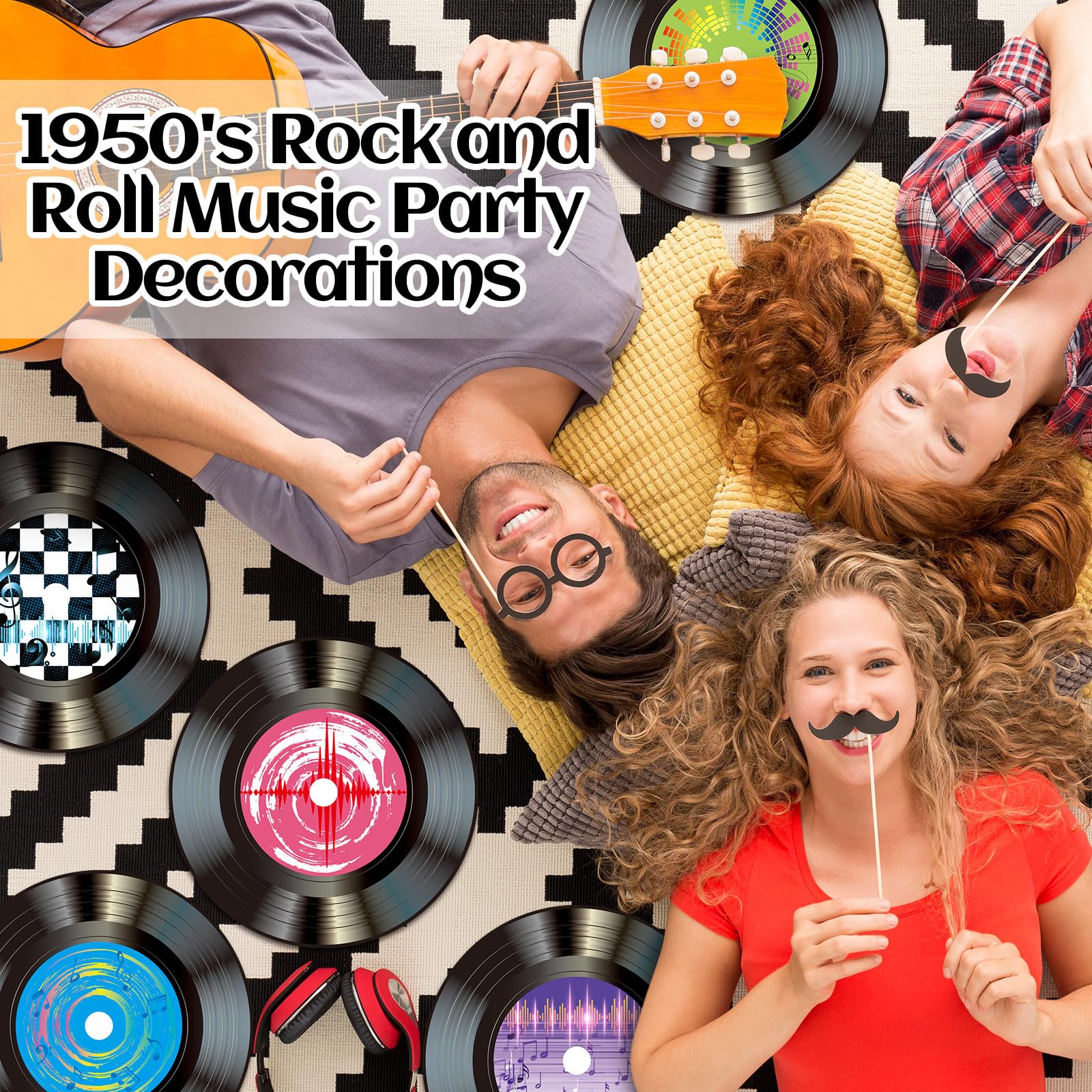 FillTouch Platzsets aus Vinyl mit Musikmotiven, 33 cm, 1950er-Jahre, Rock-and-Roll-Vinyl-Schallplatten, runde Einweg-Tischsets, 50er-Jahre-Party-Tischsets für Esszimmer, Heimdekoration, 60 Stück
