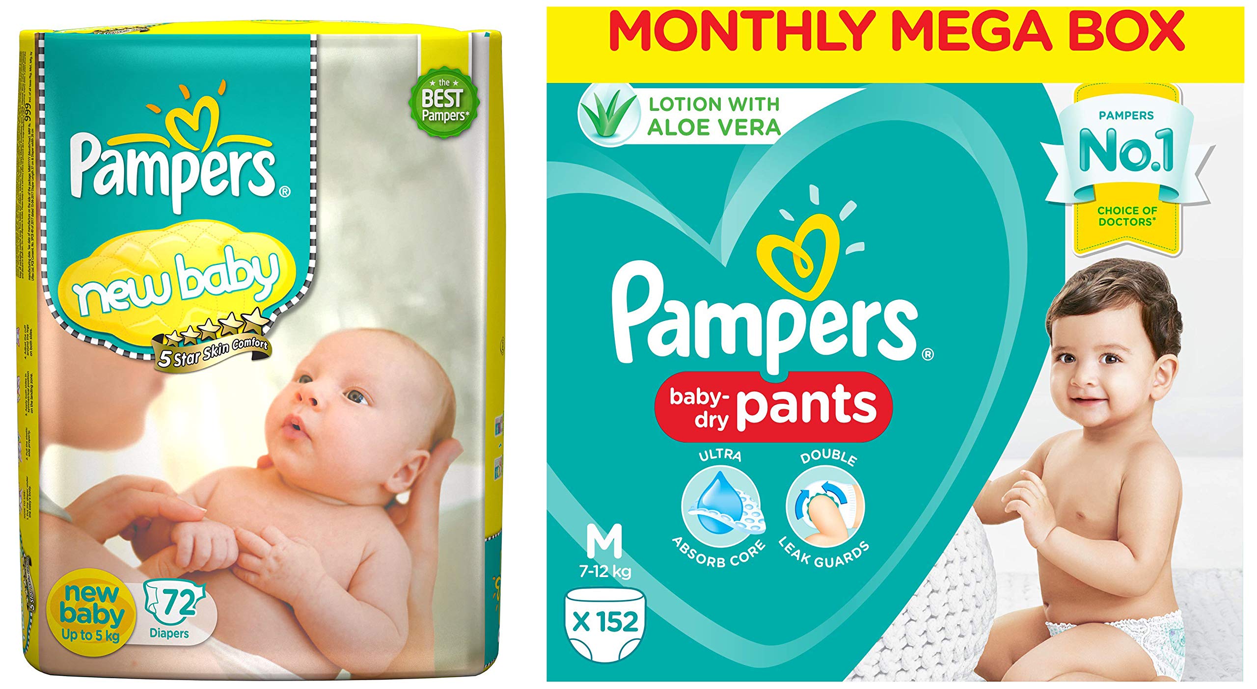 Pampers Active Baby Diapers, New Born, 72 Count & Pampers Diaper Pants Monthly Box Pack, Medium, 152 Count