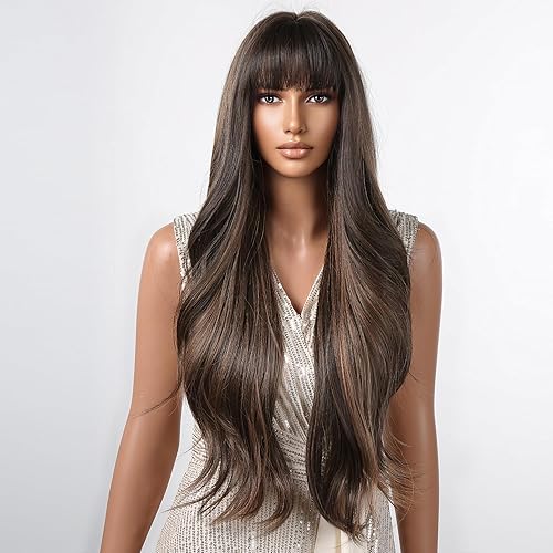 Miniatura 4 de Allbell Pelucas de onda larga marrón para mujer, mezcla de cabello rubio ondulado, peluca natural, pelucas sintéticas con flequillo