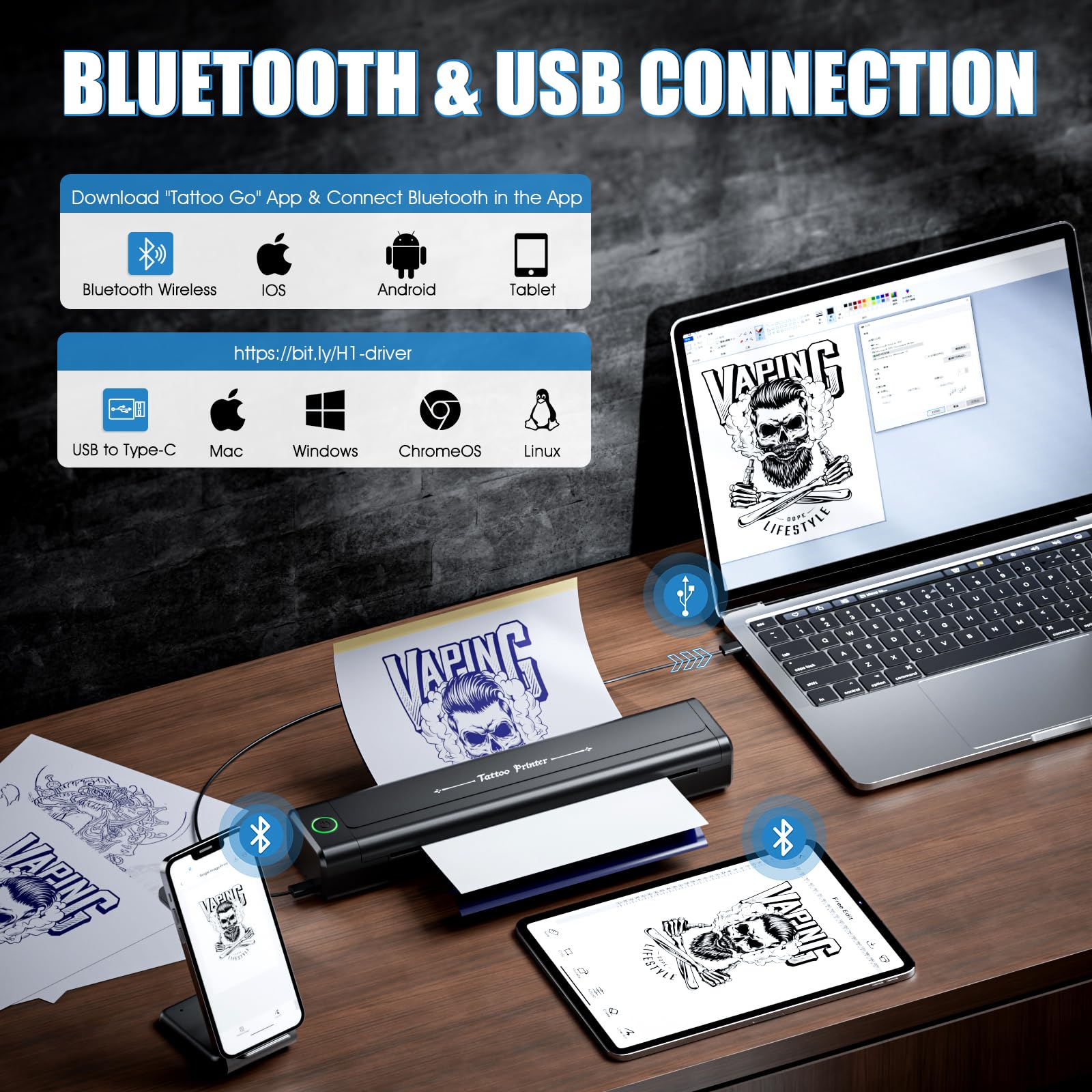 H1 Tattoo Drucker Bluetooth Tattoo Stencil Printer mit 10pcs Transferpapier, Stencil Drucker Tattoo Printer Thermodrucker Kompatibel mit Smartphone PC Tablet