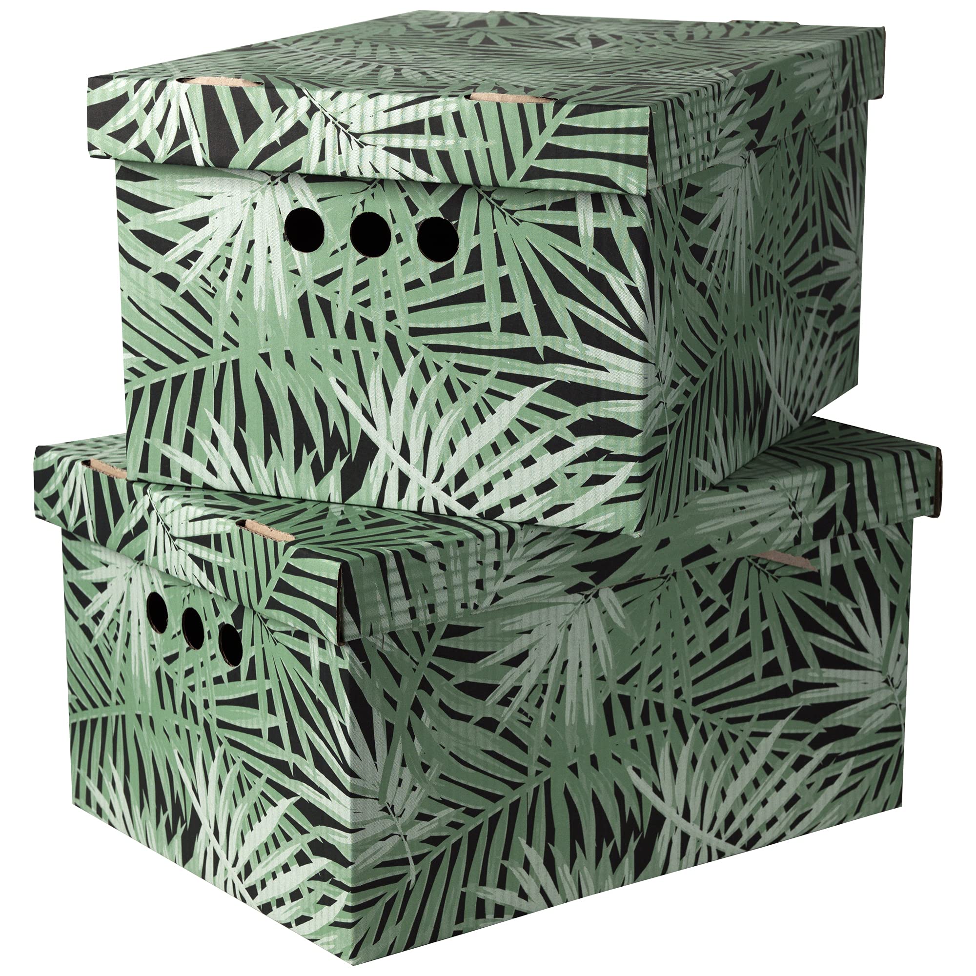 SOFTILLO Cardboard Storage Boxes with Lid Decorative Wardrobe, Closet, Home & Office Organiser with Handle Flat-Packed, Stackable File Box Gift for Adults & Kids Set of 2 Large Tropical Green — image 1