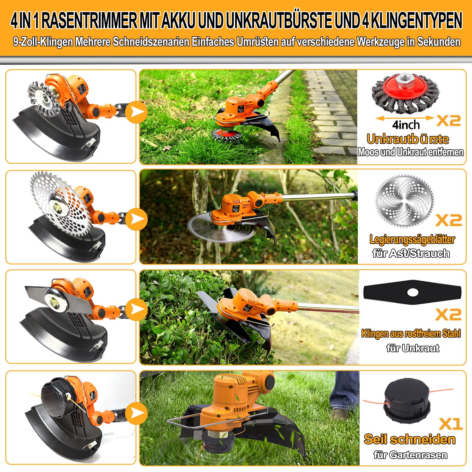 Rasentrimmer mit Akku, 4 in 1 Rasentrimmer mit Unkrautbürste 21V Bürstenloser Freischneider Akku, Teleskop, Verstellbarer, für Garden Trimmen, Orange