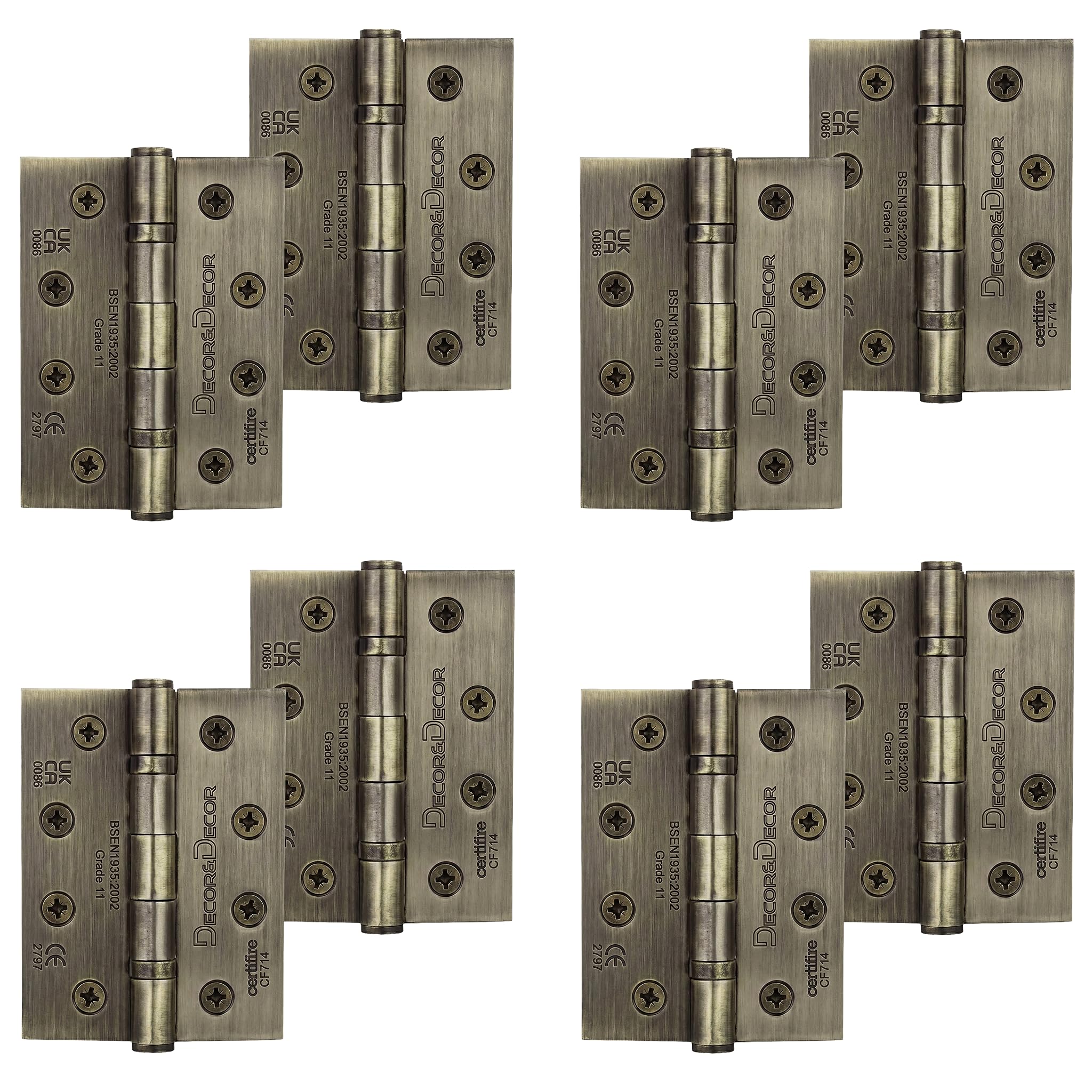 Decoranddecor Door Hinges Internal - Fire Rated - 4inc / 102mm - Ball Bearing - Steel - Antique Brass - 4 Pairs
