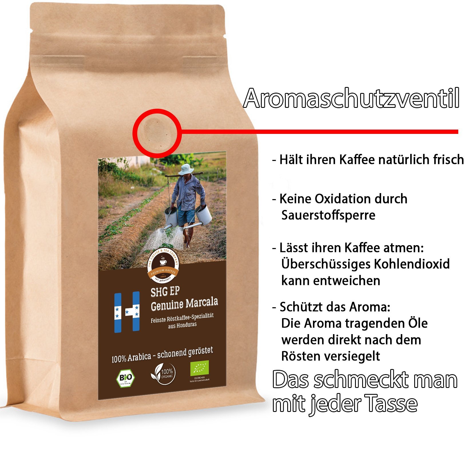 Kaffee Globetrotter - Bio Honduras Genuine Marcala - 2 x 1000 g Ganze Bohne - für Kaffee-Vollautomat, Kaffeemühle - Röstkaffee aus biologischem Anbau | Nachfüllpack Sparpack