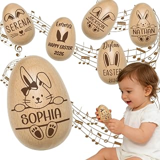 Personalized Wooden Easter Egg Shaker Custom Musical Easter Egg Stuffers with Text Engraved Hand Instrument Keepsake for Toddlers & Babies First Easter