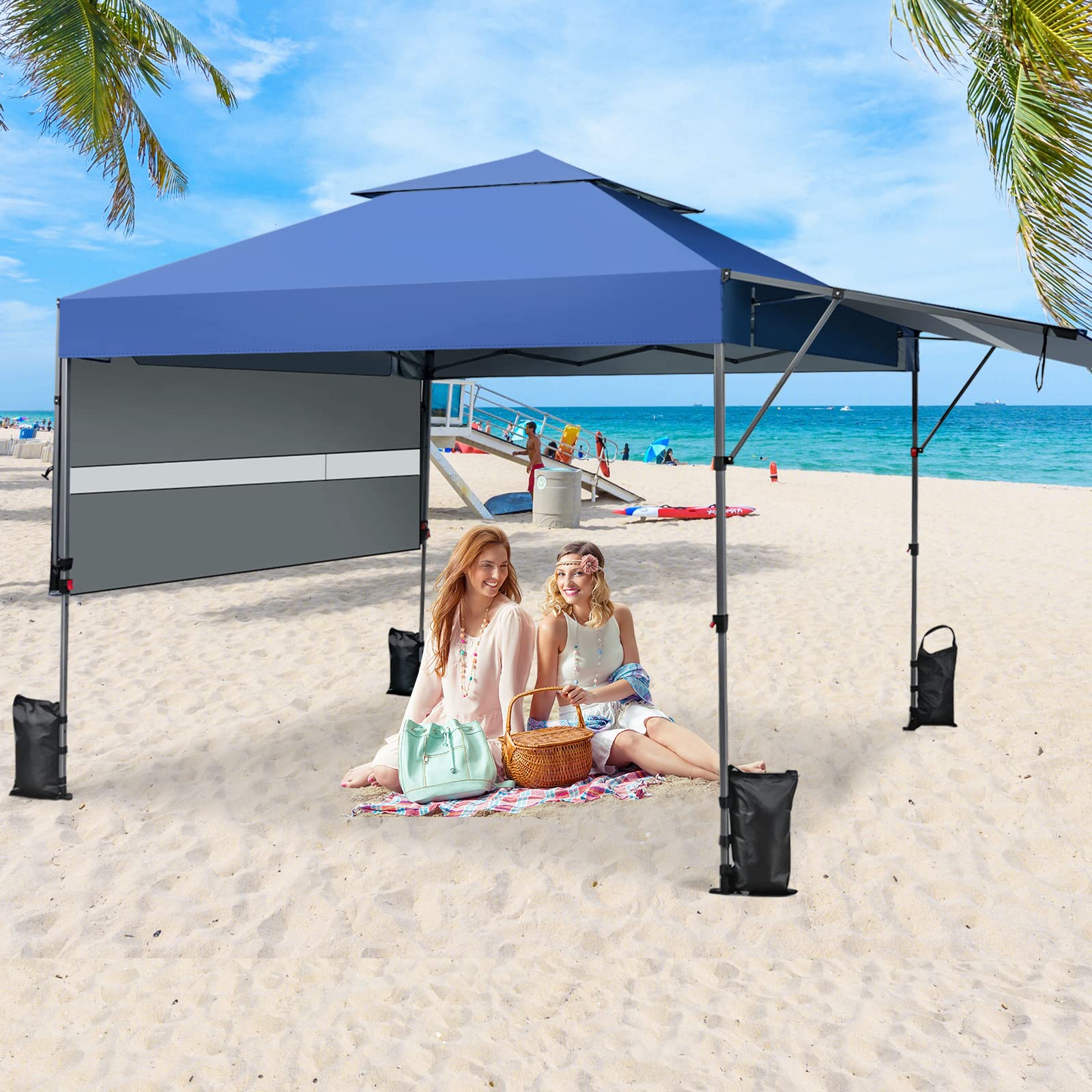GOPLUS Carpa Plegable 3x3 Impermeable, Cenador con 2 Toldos Laterales Extensibles y Altura Ajustable, Carpa para Exteriores con Ruedas y Bolsa Portátil, UV50+, para Camping, Mercado (Azul)