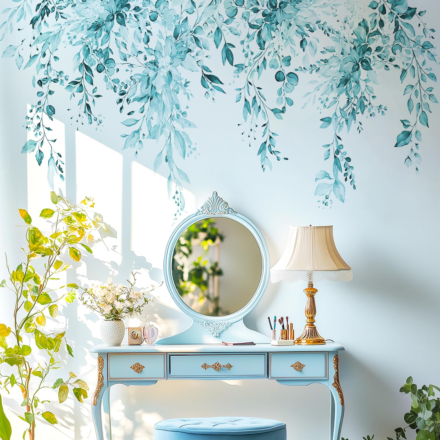 VePret Spa Green Plants Leaves Wall Decals Peel and Stick, Large Floral Flowers Vinyl Wall Stickers, Removable Vine Home Decor Art for Bedroom Living