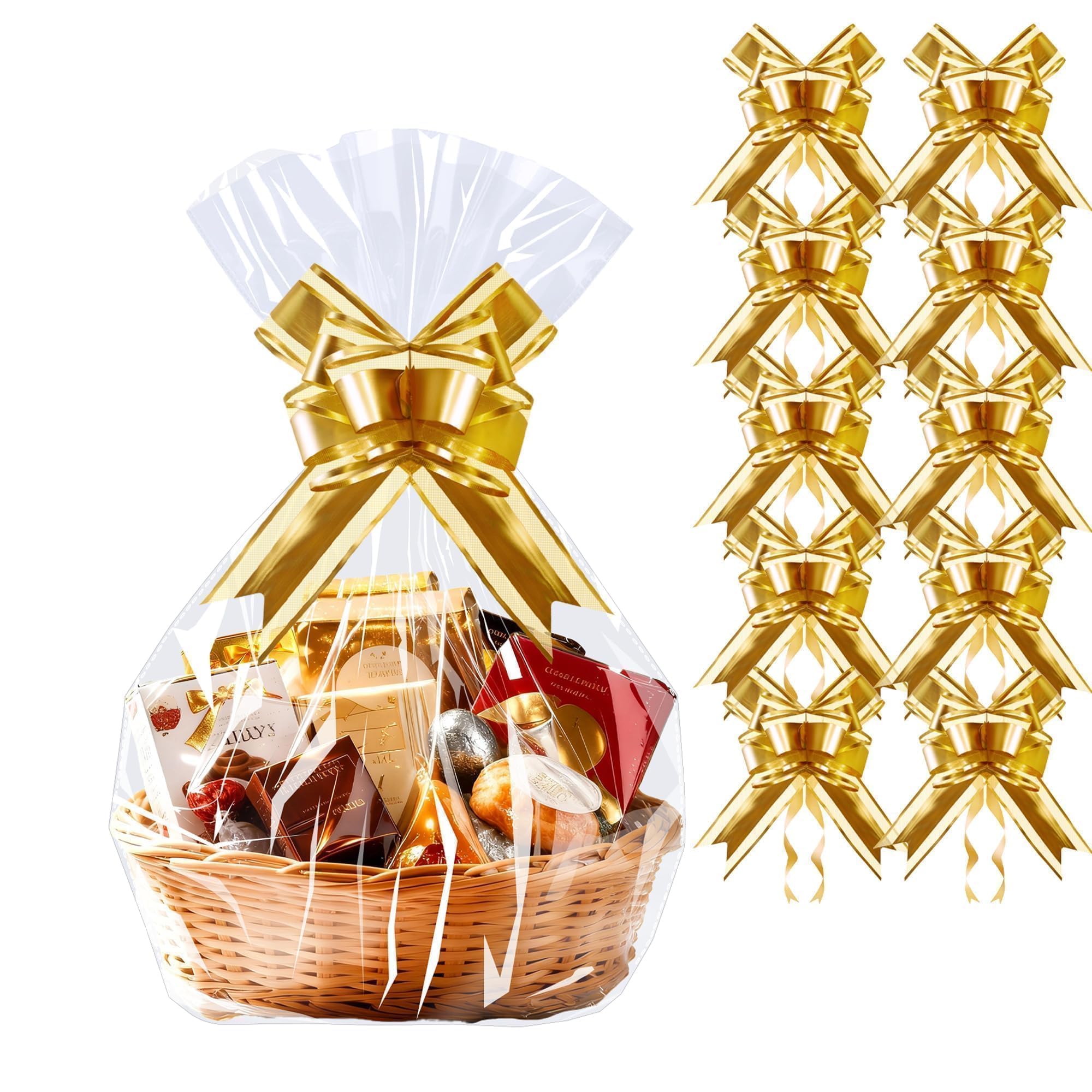 PigPotParty Cellophane Bags for Gift Baskets, 16x24 in, 10 Pack, Gold Bows