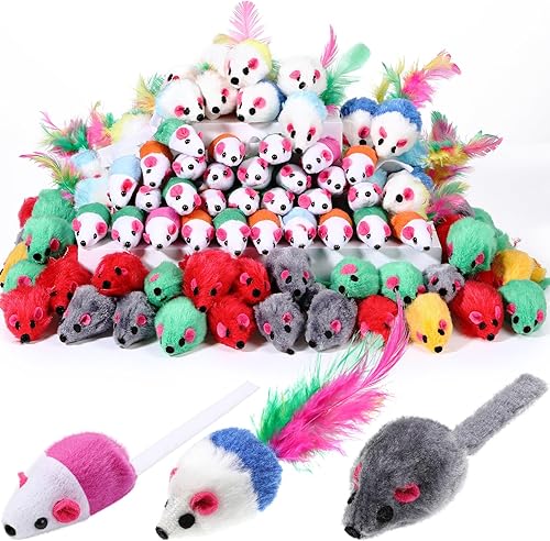 Sosation 100 piezas de juguetes de ratón de piel para gatos, juguetes interactivos surtidos para gatos, sonajero, ratones con sonido para gatitos,
