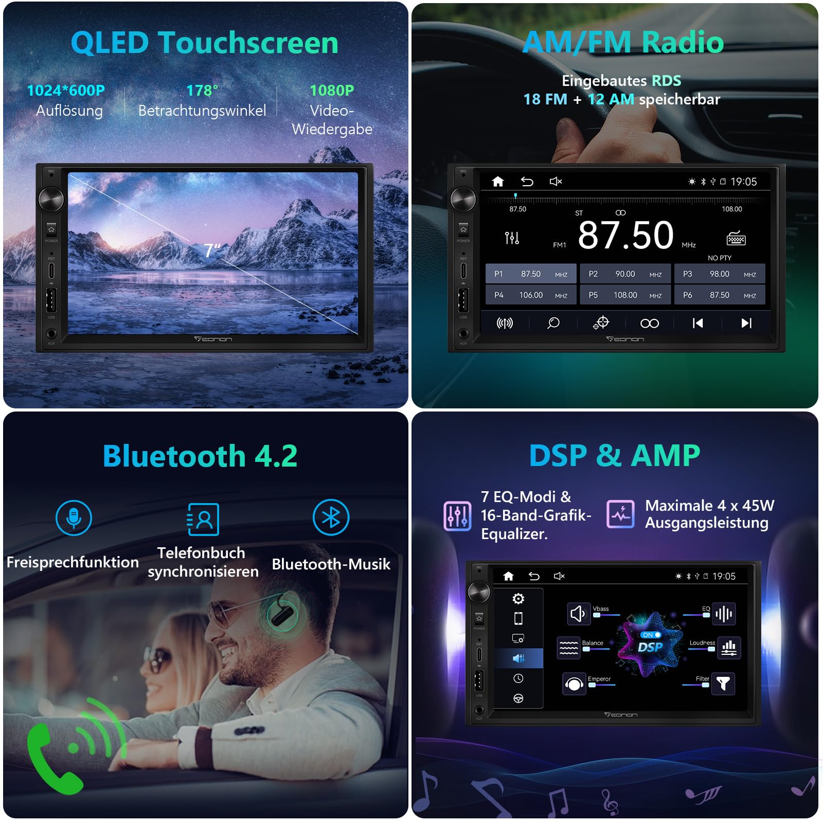 Eonon 7 Zoll Linux Doppel-Din-Autoradio, kabellos, CarPlay, Android Auto, Schnellladung, USB, DSP, Bluetooth, MirrorLink, RCA-Eingang/Ausgang, AUX-Eingang mit Rückfahrkamera X3