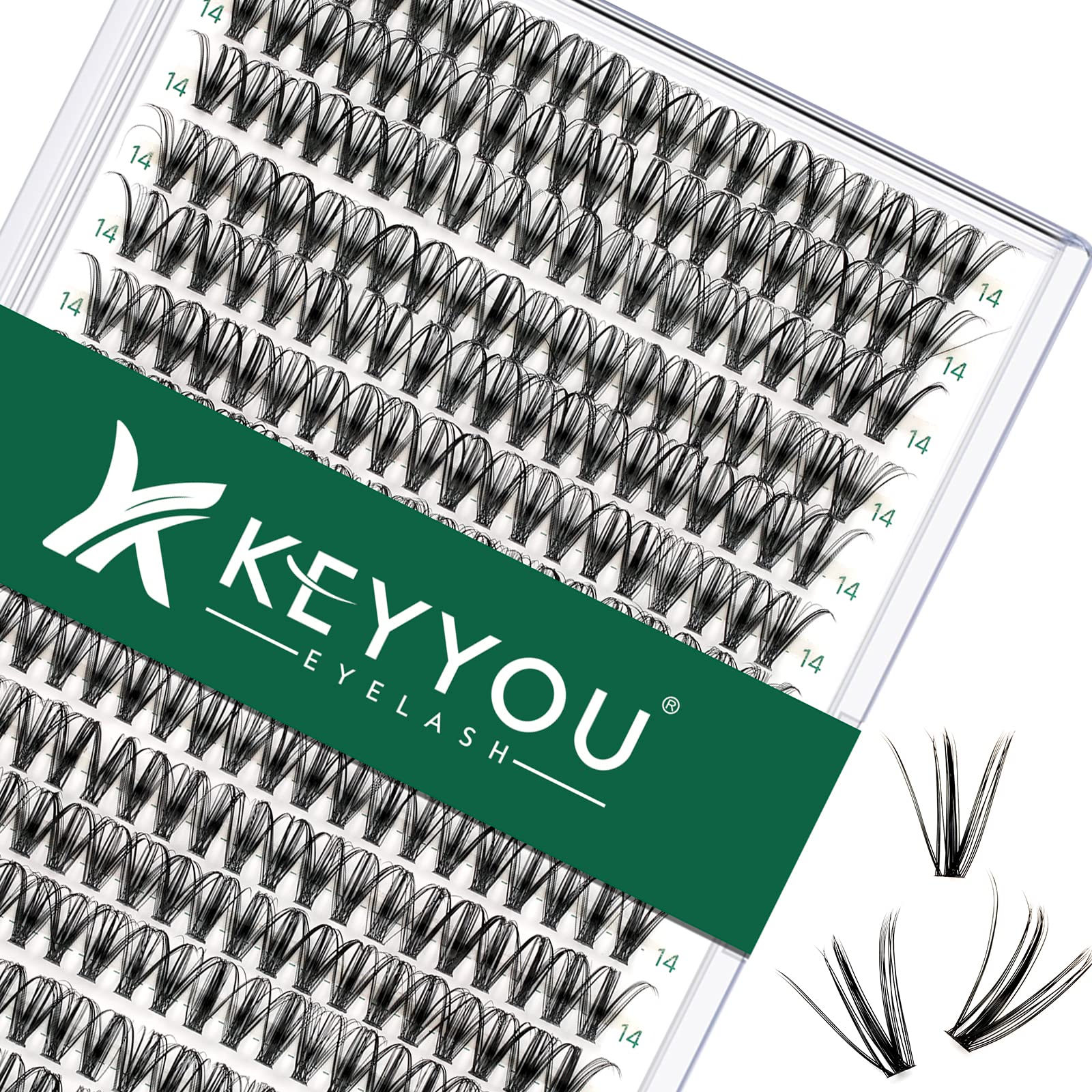 KEYYOU Lash Clusters 300pcs Individual Lashes 30D 0.07D Curl 14mm DIY Eyelash Extension KEYYOU Large Tray Volume Soft&Natural Eyelash Clusters(30D-0.07D,14）