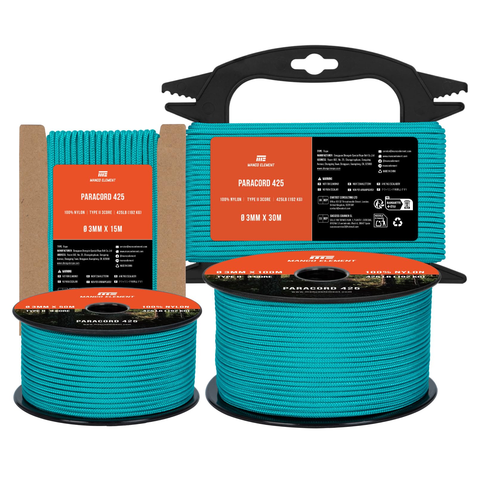 Manco Element 3mm Paracord 425 Type II 15m Turquoise | 100% Nylon Rope 3 Strands Tactical Cord | Ideal for Outdoor, Camping, Survival, Crafting, DIY
