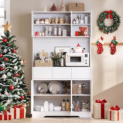 KAMABOKO Gabinete de despensa de cocina de 71 pulgadas con luz LED y estación de carga, armario alto de almacenamiento de despensa con estantes