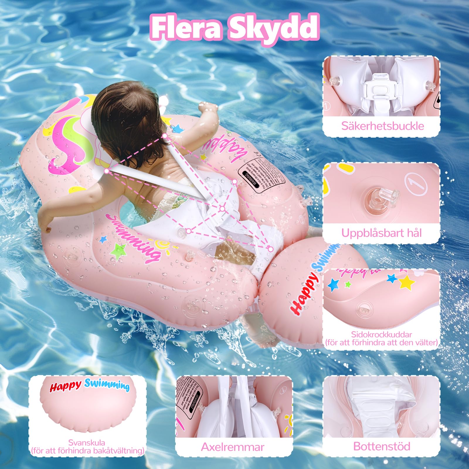 Salvagente Neonato con Parasole, Piscina Neonato 6-36 Mesi Salvagente con Mutandina Rimovibile Caratteristiche Antiribaltamento Baby Pool Float UPF50+ Protezione UV