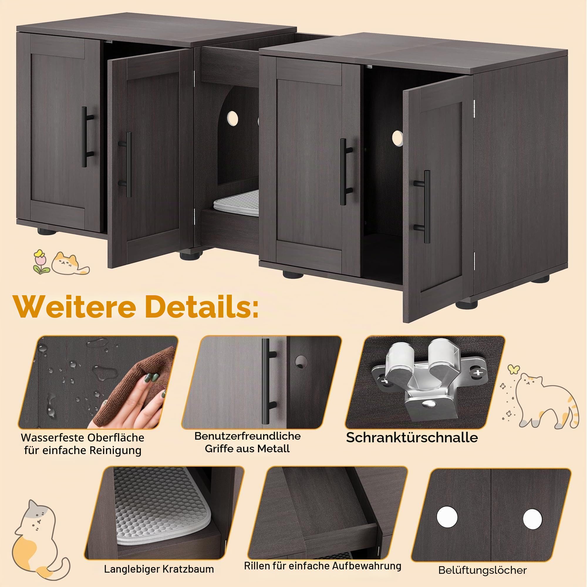 Katzenklo-Schrank für 2 Katzen – Großes Doppelzimmer-Katzenhaus, verstecktes Katzenklo-Möbel mit Scheunentor, wasserfeste & Pflegeleichte Oberfläche, Stauraum, Wohnzimmer Holz, 140 cm