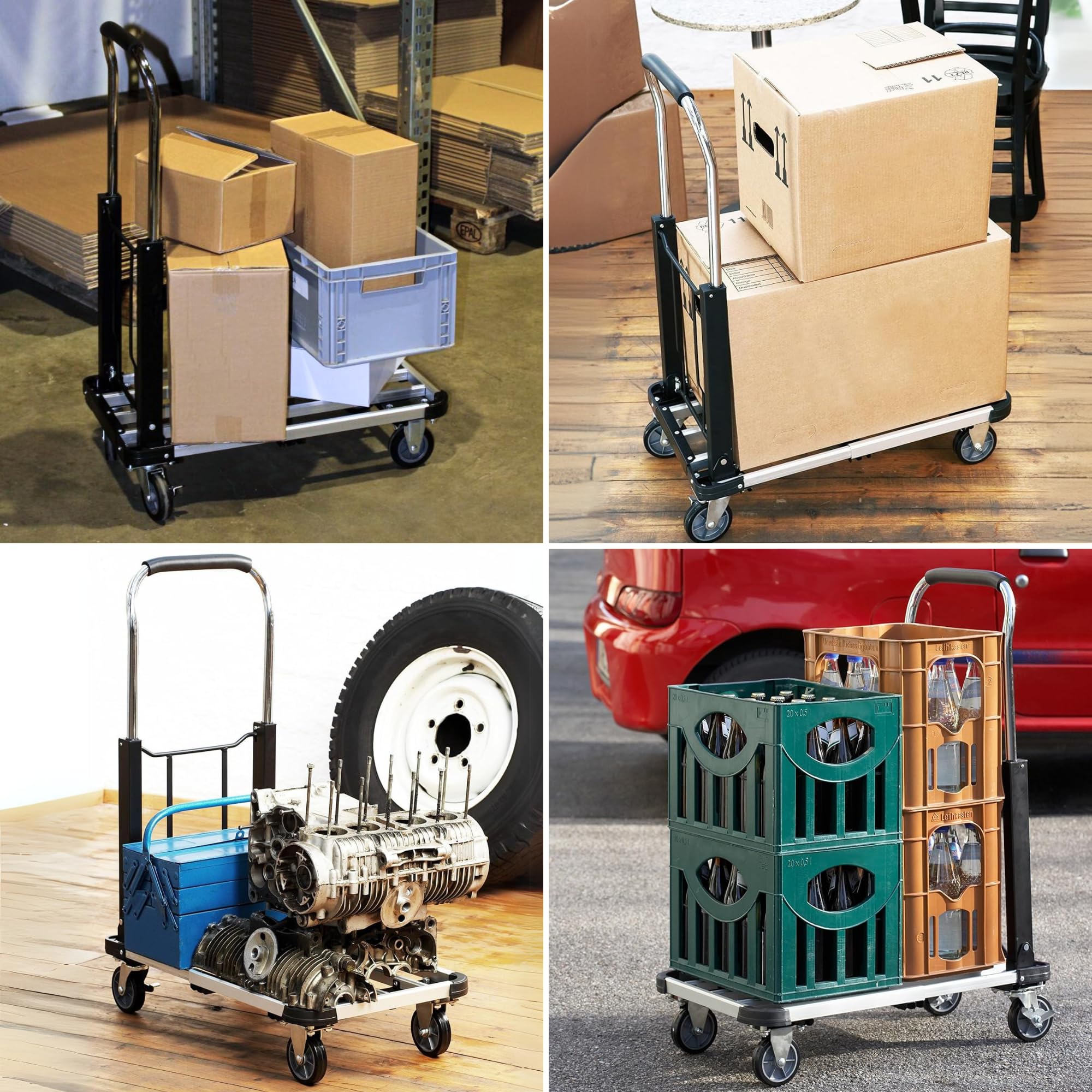 Carrello Manuale in Alluminio, Carrello a Mano Pieghevole Allungabile con 4 Ruote Antiscivolo, Carrello a Pianale con Portata 150 kg, Carrello di Trasporto in Magazzini, Giardino, Casa, Traslochi