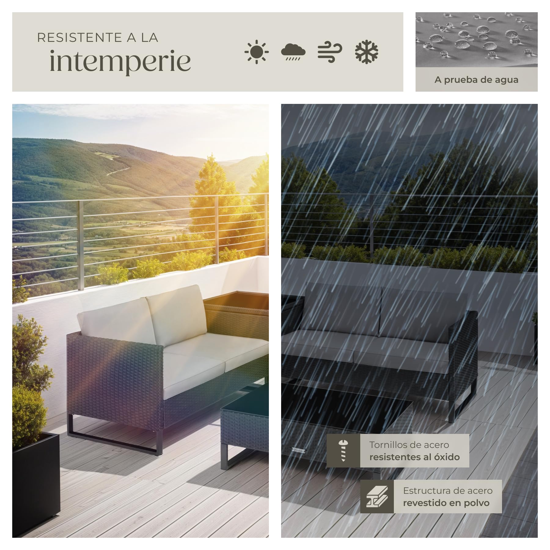 TecTake® Conjunto Jardín de Ratán con Cojines Gruesos, Muebles Jardín Exterior 2 Sofás, 1 Mesa Cristal, 1 Caja Almacenamiento, Conjunto Terraza Resistente a la Intemperie, Estructura en Acero - Negro
