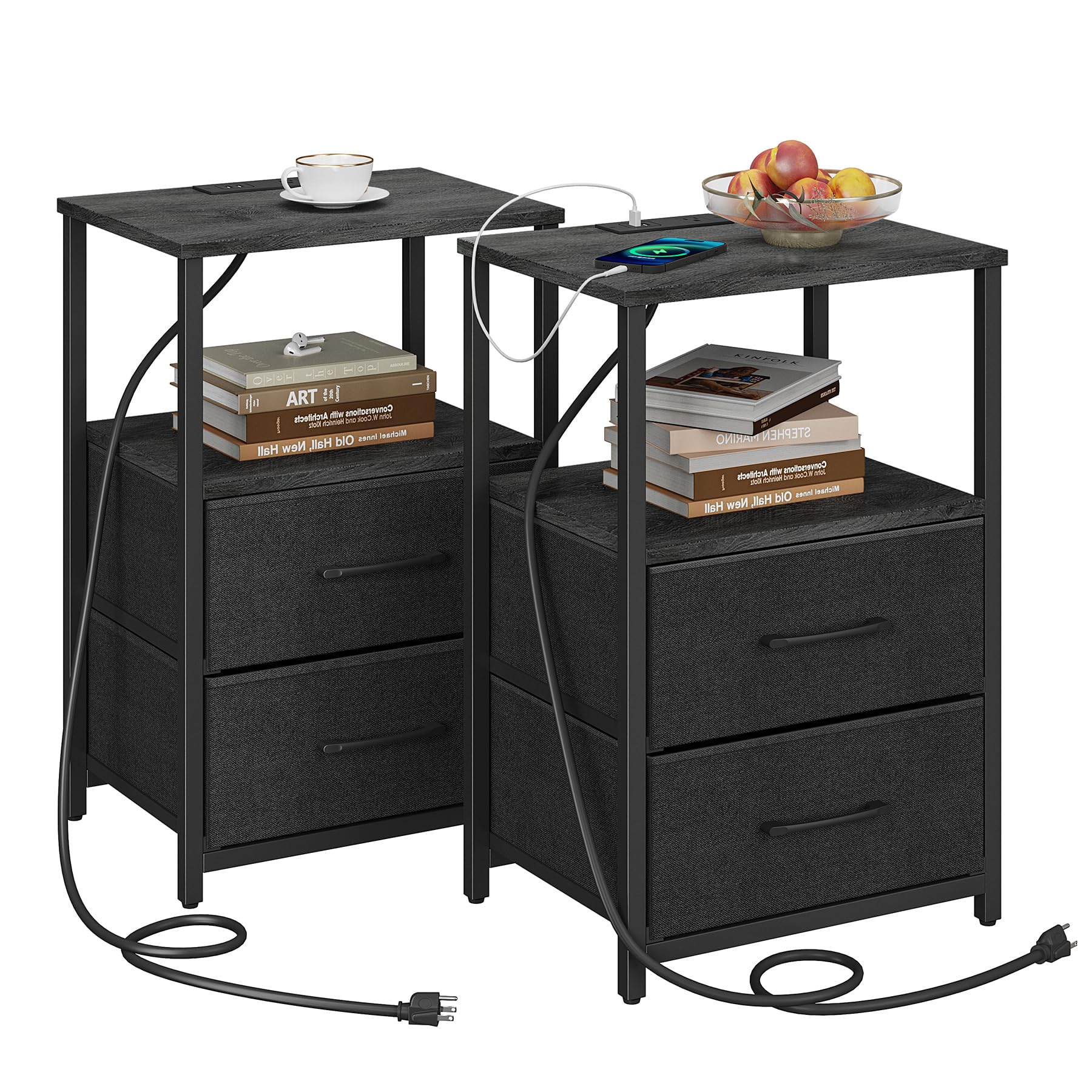 TUTOTAK Set Di 2 Tavolini Stretti E Altri - Comodini Con Cassetto In Tessuto E Scaffali Aperti. Design Moderno Per Soggiorno, Camera Da Letto. (Nero) - 2
