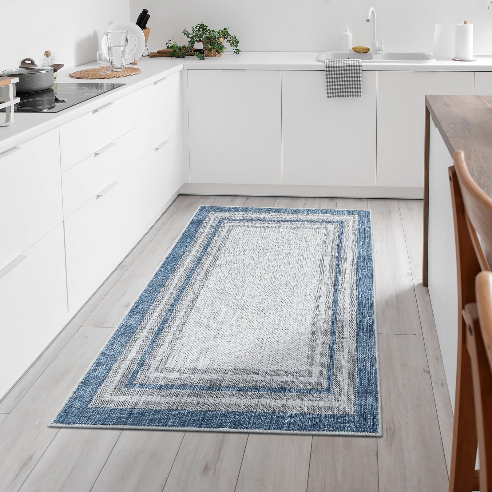 Beeiva Bordered 3x5 Washable Rug,Modern Printed Area Rug for Entryway Non Slip Indoor, Blue Non Shedding Entryway Ultra Thin Carpet for Office Bedroom