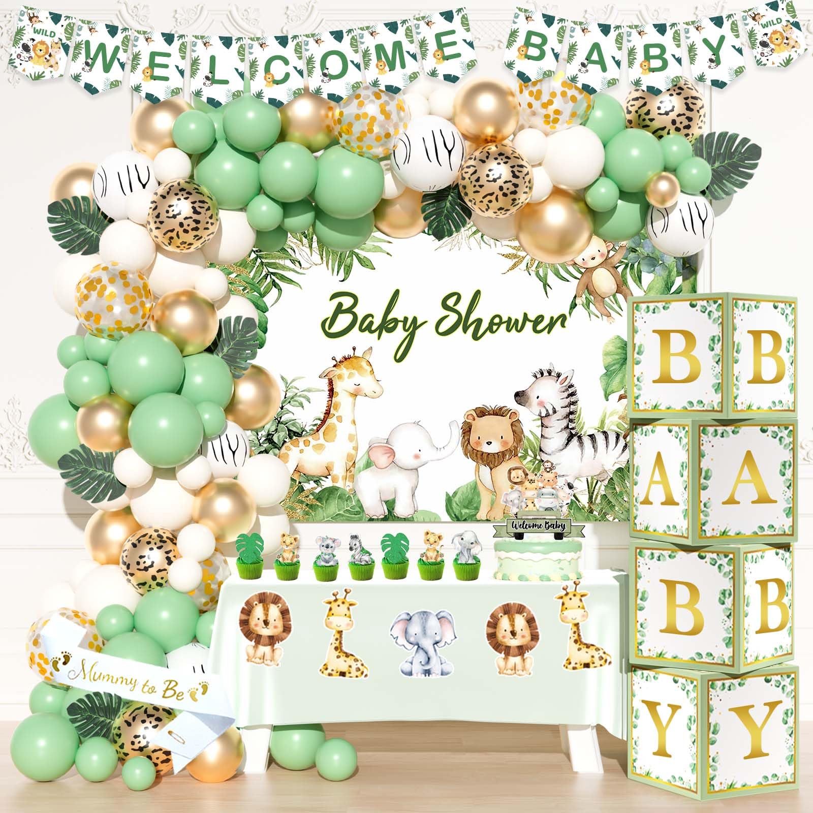 Hombae Safari Baby Shower Decorations, Jungle Baby Shower Supplies Set, 133PCs Wild Jungle Animal Themed Party Supplies with Backdrop Green Gold