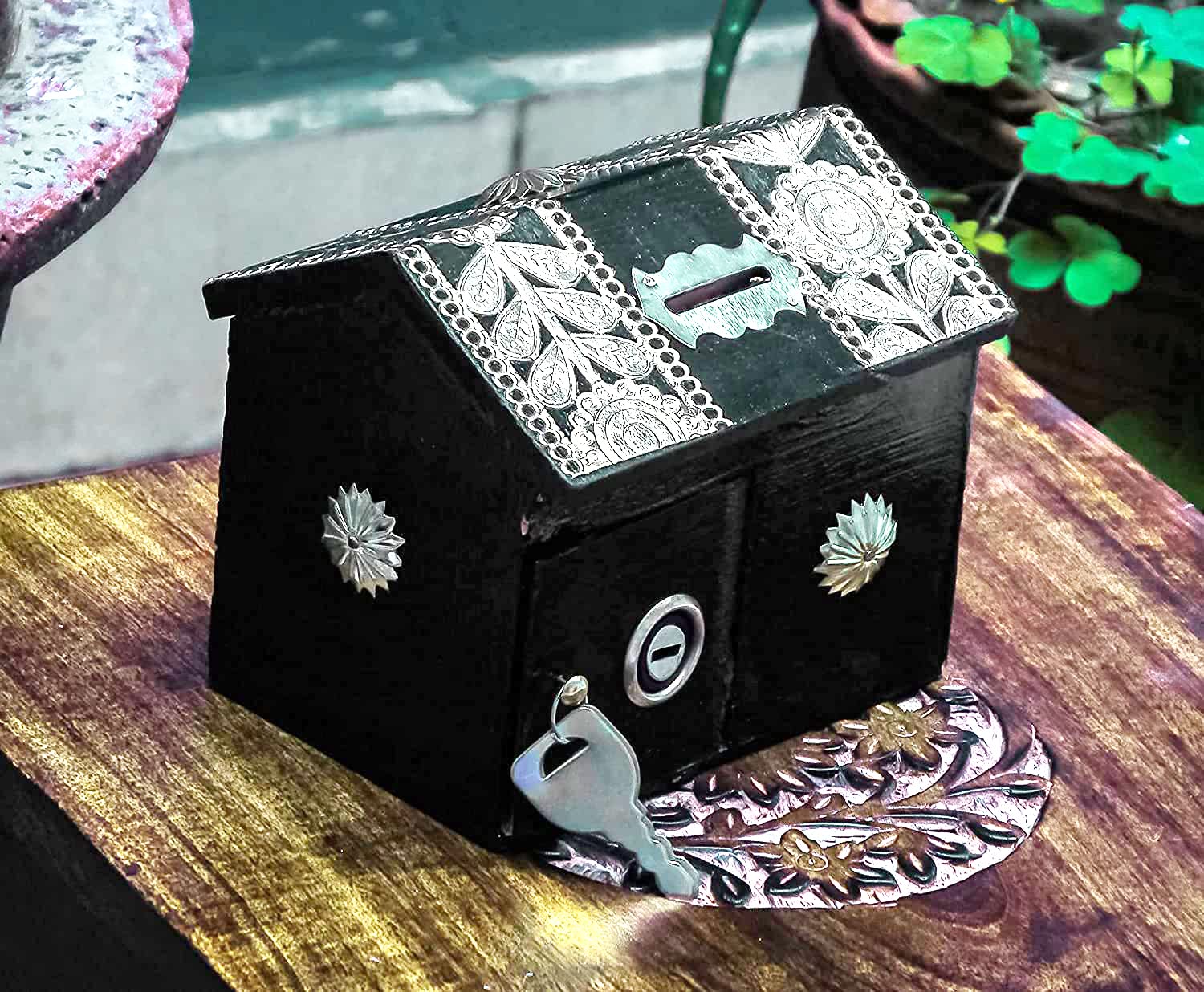 M.A. Wooden Hut Shaped Piggy Bank | Money Bank | Gullak for Kids | Birthday Gift for Kids and Adults | Handmade Wooden Coin Box Holder | Money Box Coin Bank with Lock (Black) (B0BVFM953K) Amazon Price History, Amazon Price Tracker