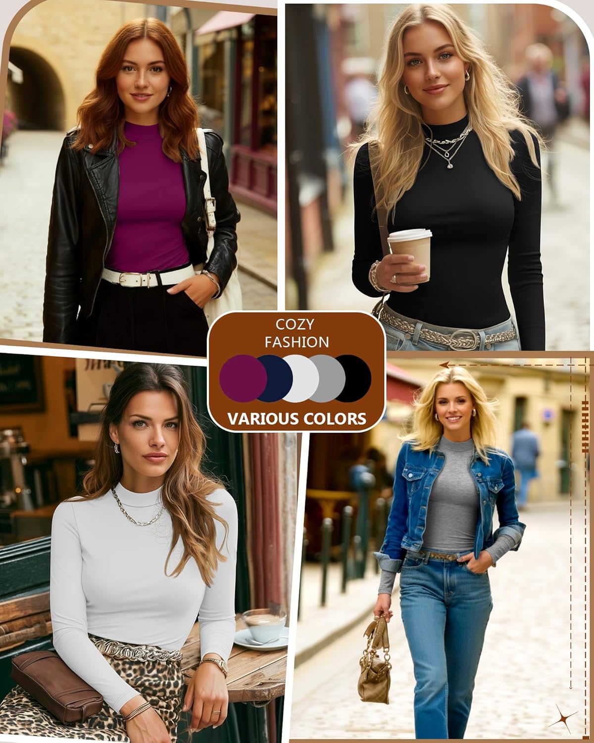 5 Pack Women's Mock Turtleneck Tops Long Sleeve Multipack Base Layer Slim Fit Casual Bulk Undershirts Thermal Tees - Image 4