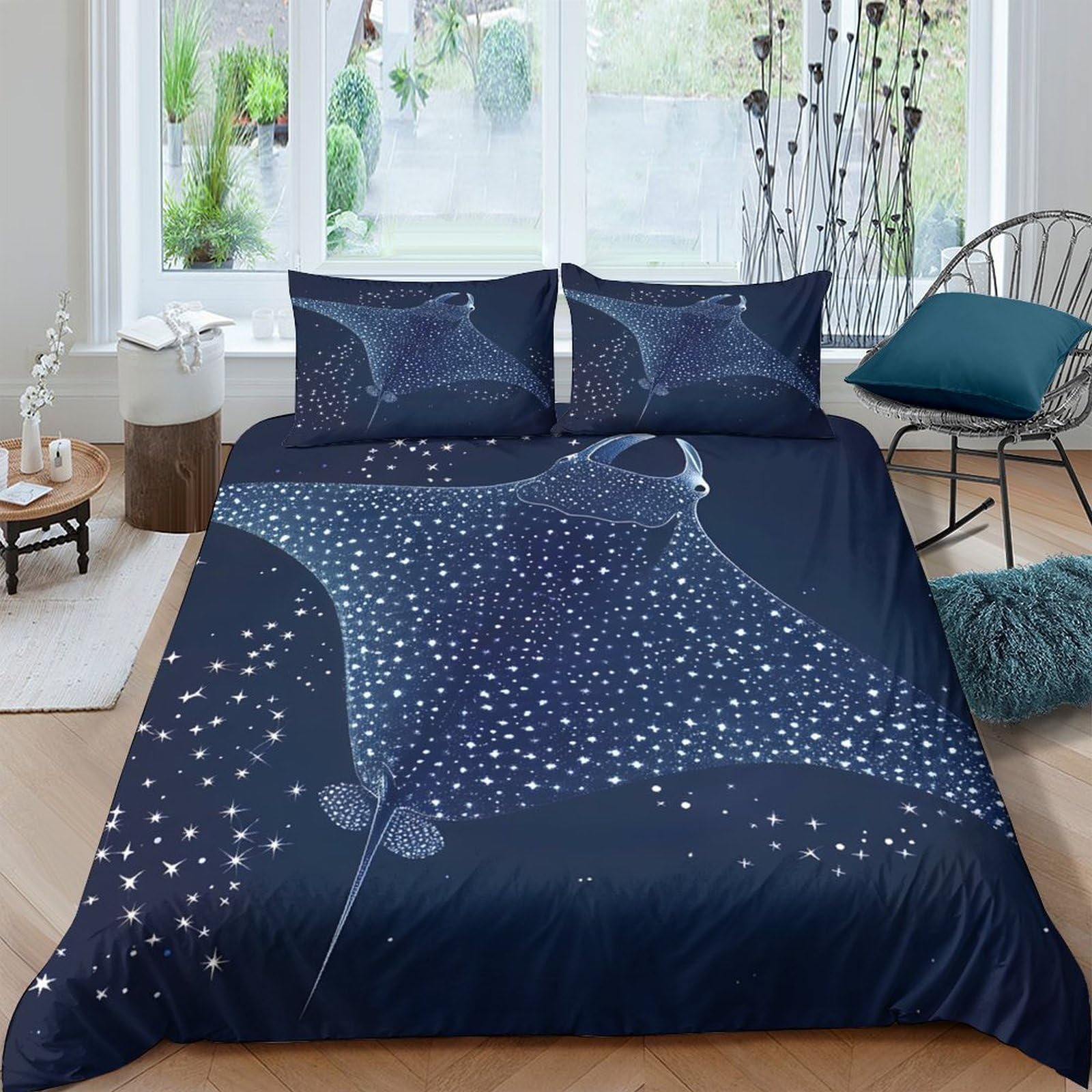 Ctjqhvkz Style-5 3D Printed Manta Ray Fitted Sheet Microfiber Deep Blue Ocean Bed Cover For Bedroom Dorm Easy Care Mattress Protection Single（135X200cm）