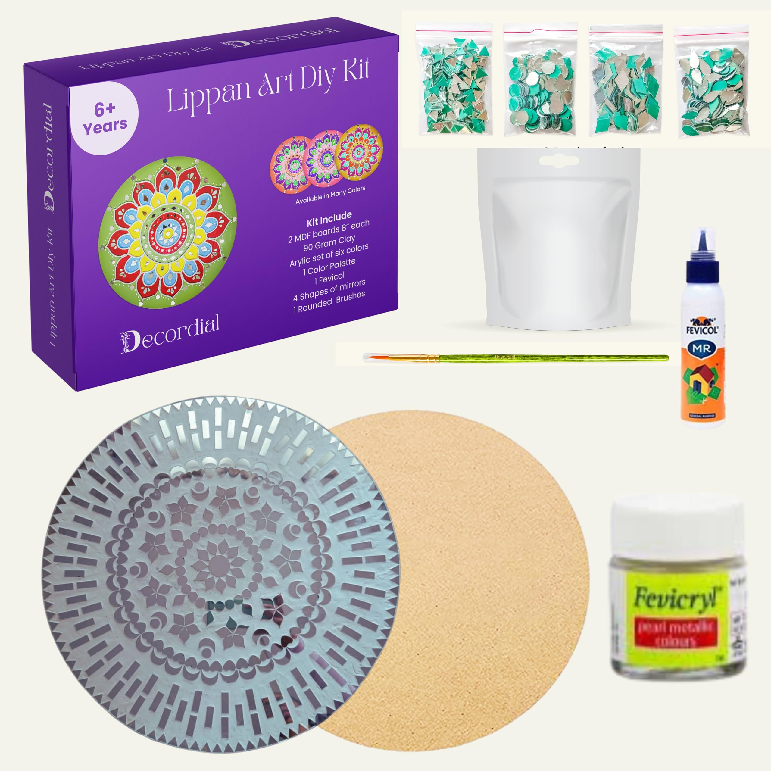 Decordial12 inches Round MDF Mosaic Art Materials kit (1 pcs lippan Art Clay, 1 pcs lippan Art Board, lippan Art Mirror, lippan Art Painting Brush and White Acrylic Colour
