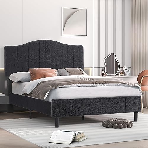 Miniatura 4 de VECELO Base de cama tapizada de tamaño matrimonial con cabecera de tela de peluche ajustable en altura, listones de madera fuertes, almacenamiento