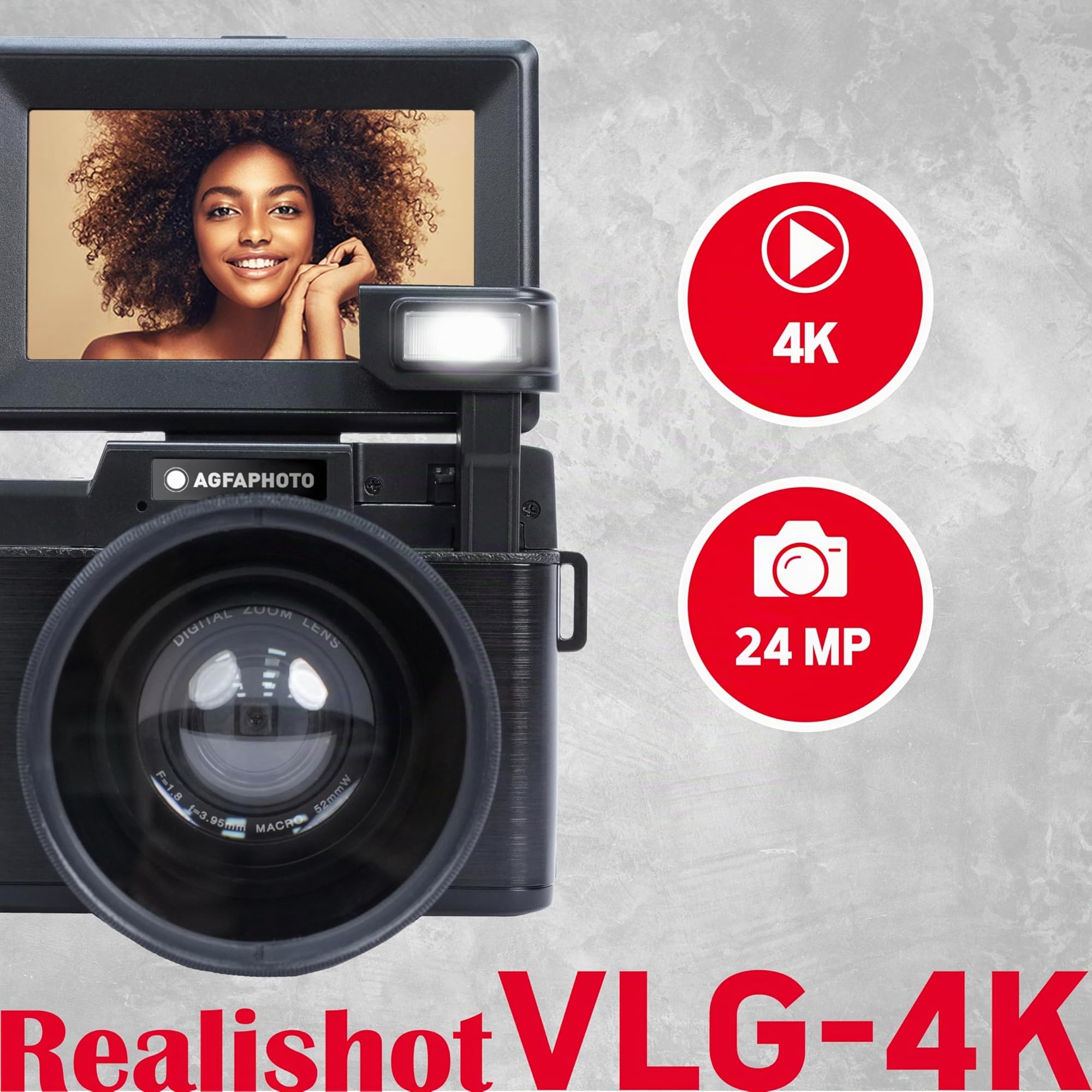 AgfaPhoto Realishot VLG-4K Kit Vlogging - Fotocamera 24MP, Video 4K, Schermo LCD 3’’, Zoom Digitale 16X, Sensore CMOS, Batteria al Litio - Nero